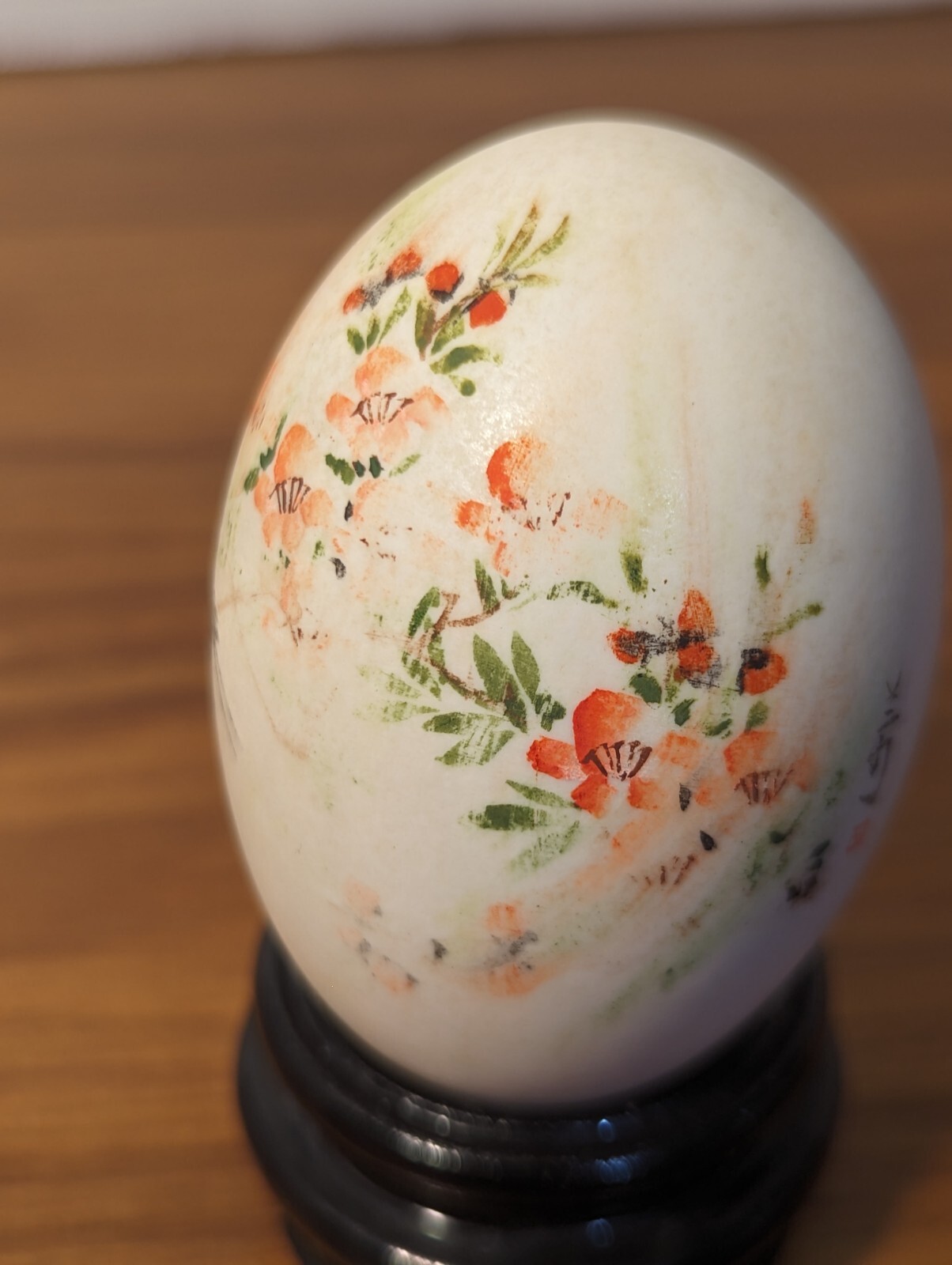 Vintage Chinese Hollow Hand Painted Egg With Stand. Floral, Birds, Butterfly.