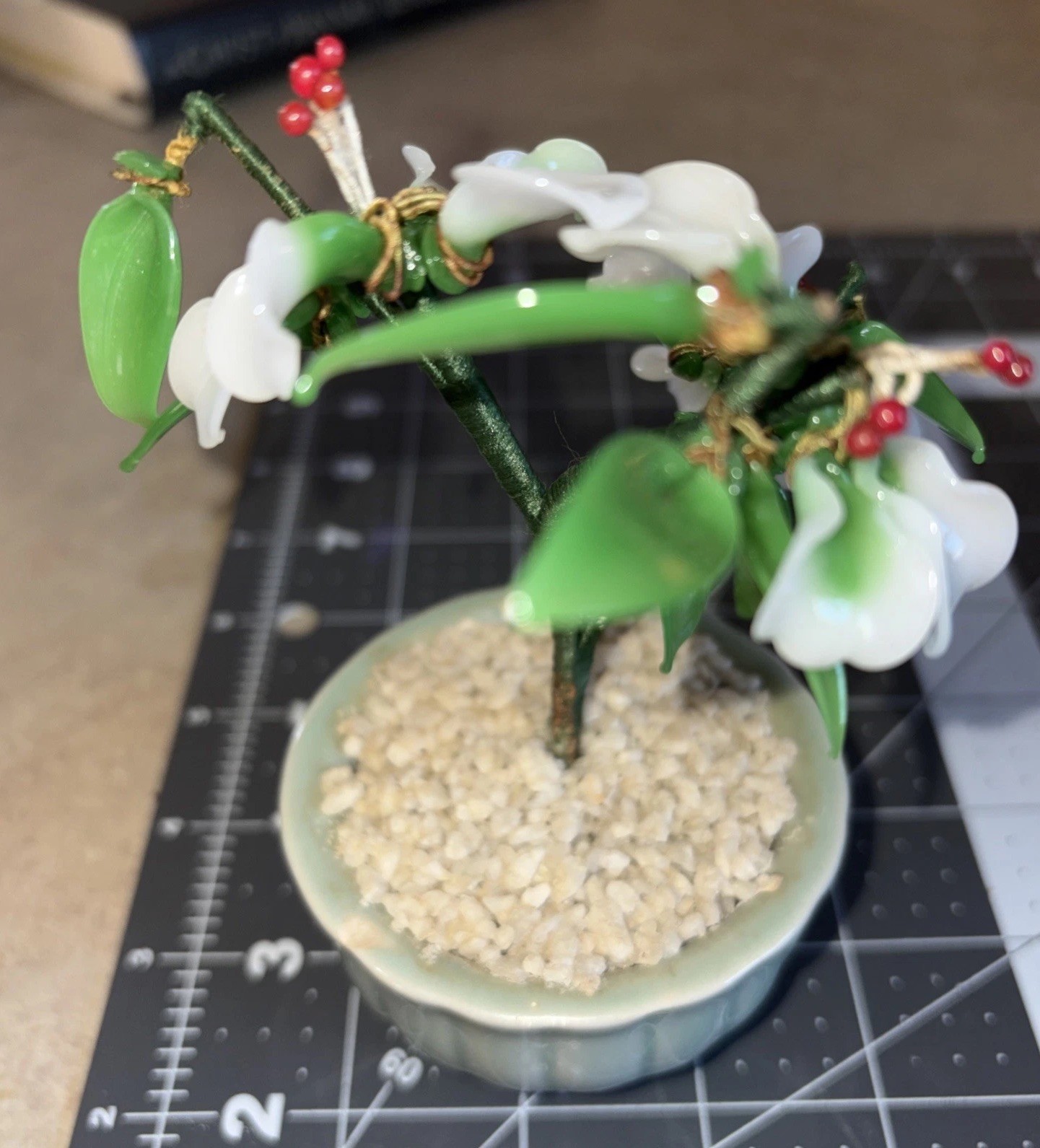 Vintage Mini Jade Glass Flower Bonsai Tree Celadon Green Pot 5”