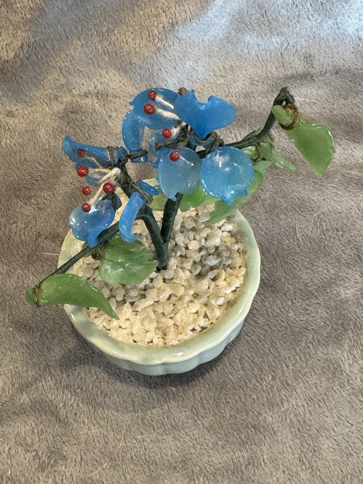 Small Jade Glass With Blue Flowers 4.5” Tall Celadon Pot Vintage