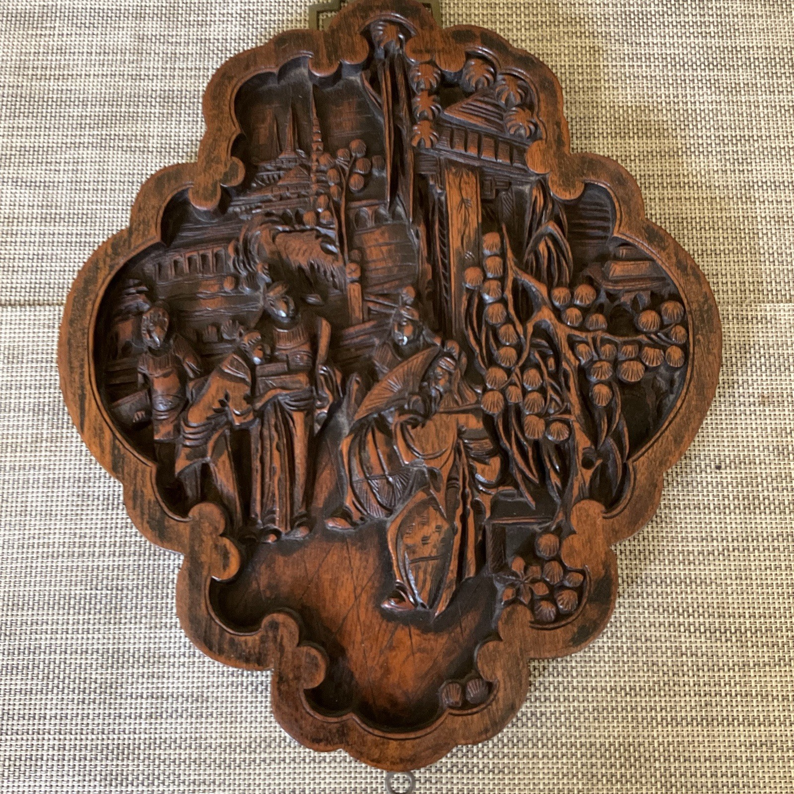 Vintage Rare Chinese Hand Carved Relief Wooden Wall Hanging Panel Good Luck