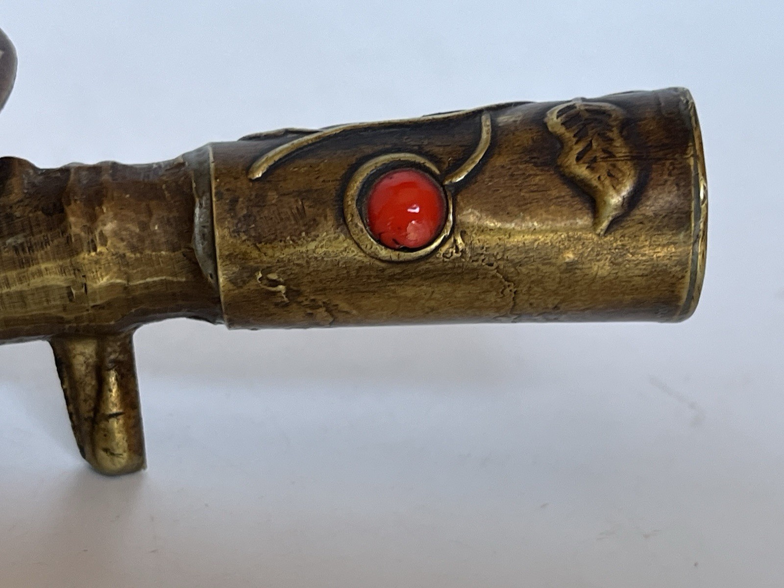 Vintage Brass Chinese Silk Coal Iron Floral Design Enamel Insets on Handle