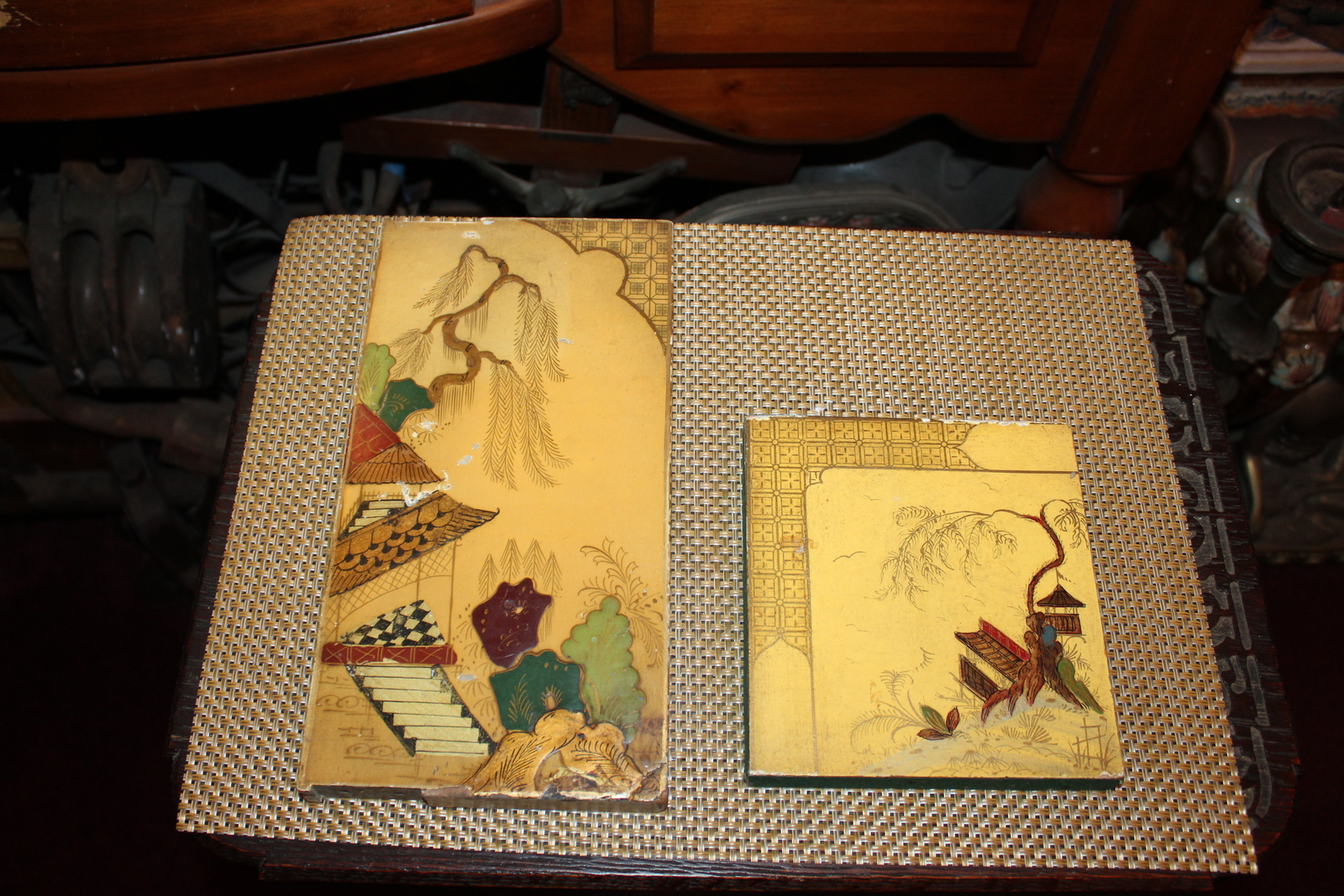 Pair Chinese Wood Painted Furniture Panels Village Trees