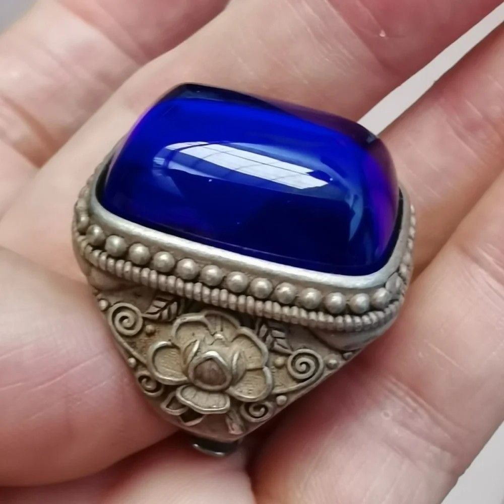 Collect Antique China Silver gemstone Gem ring Jewelry Round Ring jade ring