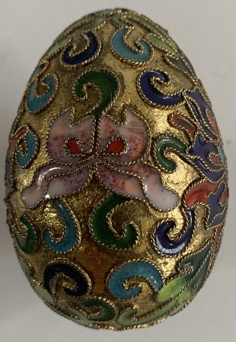 Chinese Enamel Egg Cloisonne Gold Metal Mix Color Floral Wood Stand Easter Decor