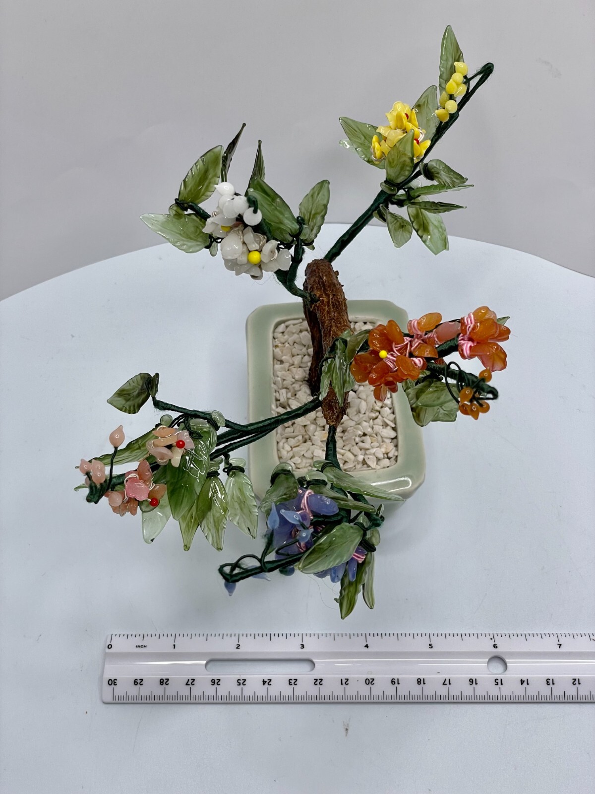 1960’s Hand Carved Chinese Jade Agate Stone Glass Bonsai Multicolor Mineral Tree