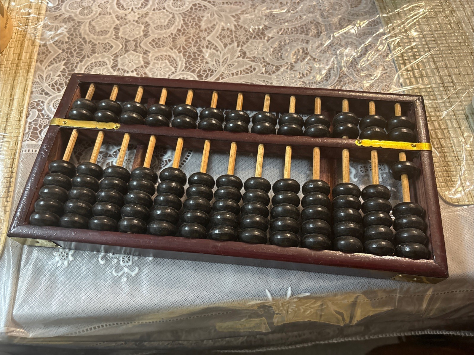 Vintage Chinese Abacus 13 Row 91 Bead Wood & Brass Calculator Peony Trademark