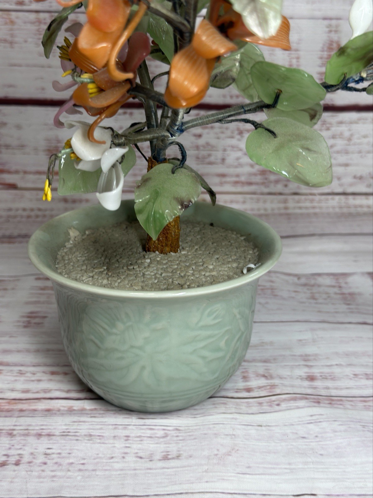 Vintage Japanese Chinese Asian Jade Glass Flowering Bonsai Tree 16”x12” Wide