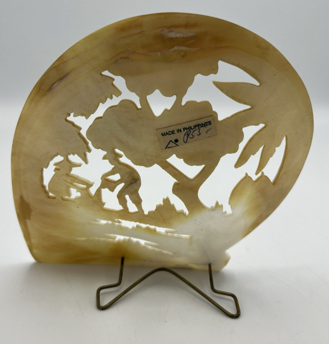 Carved Mother of Pearl Shell Asian Scene with Stand 6″ Tall
