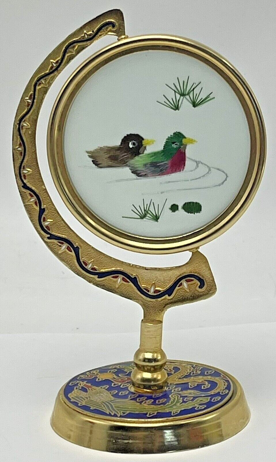 Asian Embroidered Silk Ducks in Brass Cloisonne Rotating Frame Painted Enamel