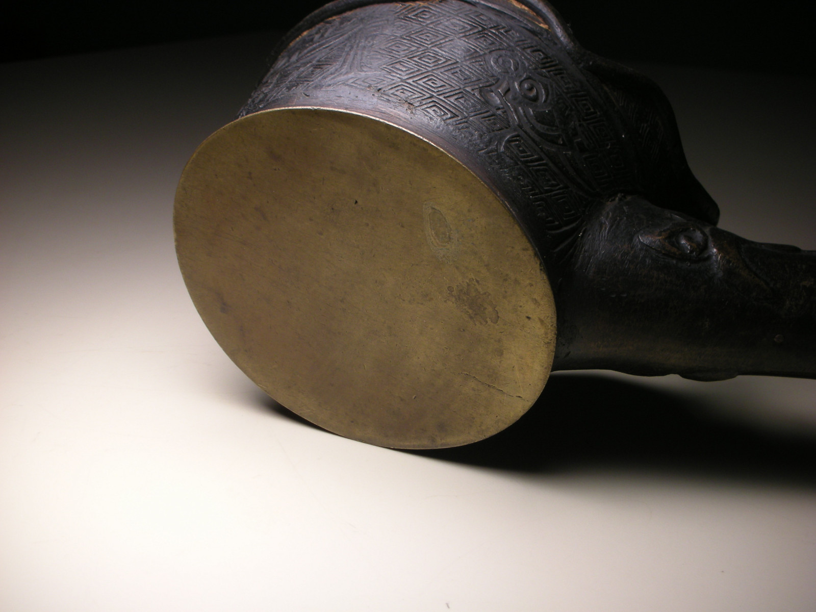 Vintage Chinese Brass Metal Pan Silk Iron with Long Wood Handle (L: 14.5″)