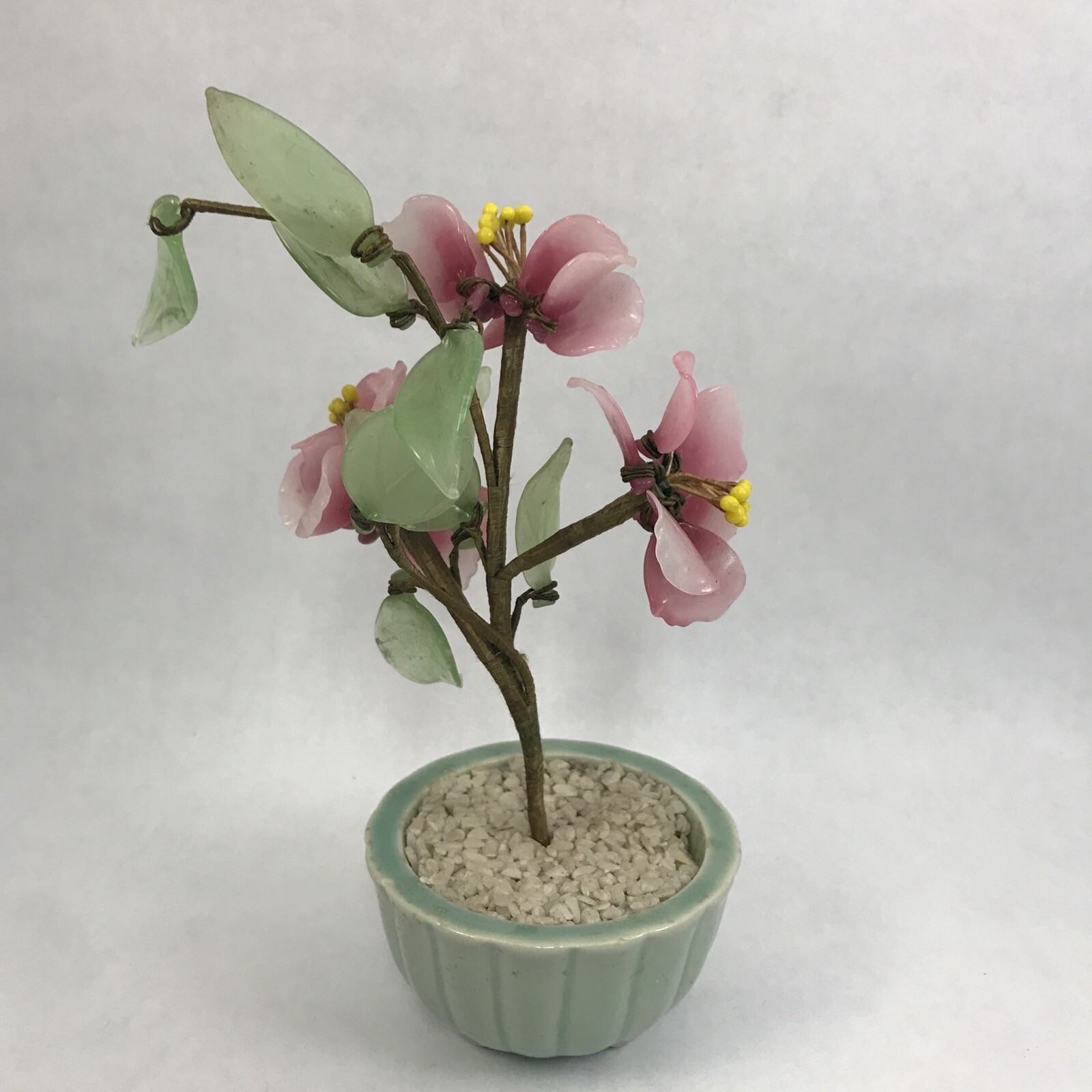 Pink Flower Decorative Asian Style Jade Glass Flowers Bonsai Plant Celadon Pot
