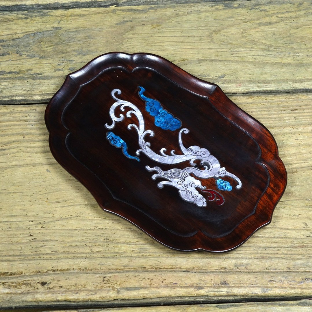 Vintage Sandalwood Inlaid Abalone Dragon Tea Tray Decor 18.5cm