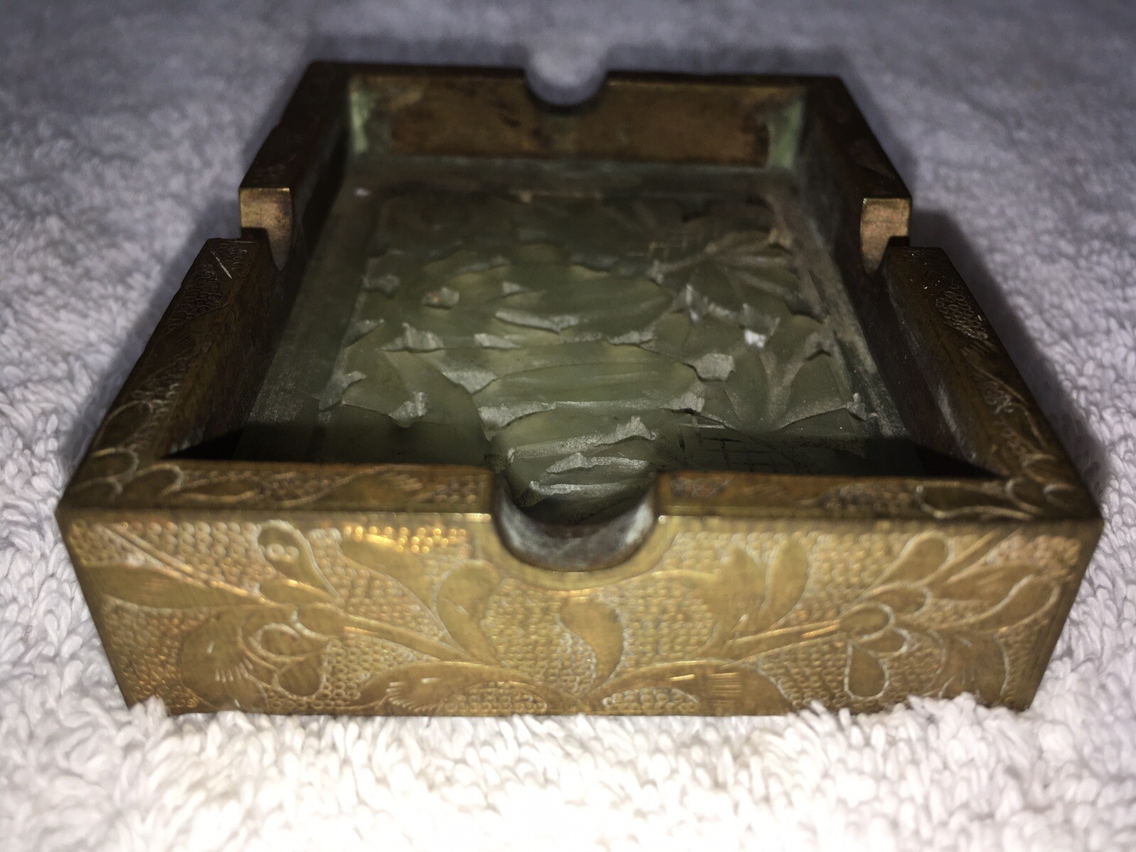 Vintage Chinese Carved Stone & Brass Ash Tray, 3” x 2-3/8” x 3/4” H
