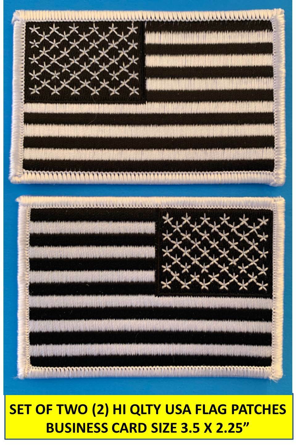 SET OF 2 – AMERICAN USA FLAG BLACK/WHITE EMBROIDERED PATCH LEFT RIGHT (3½ x 2¼”)