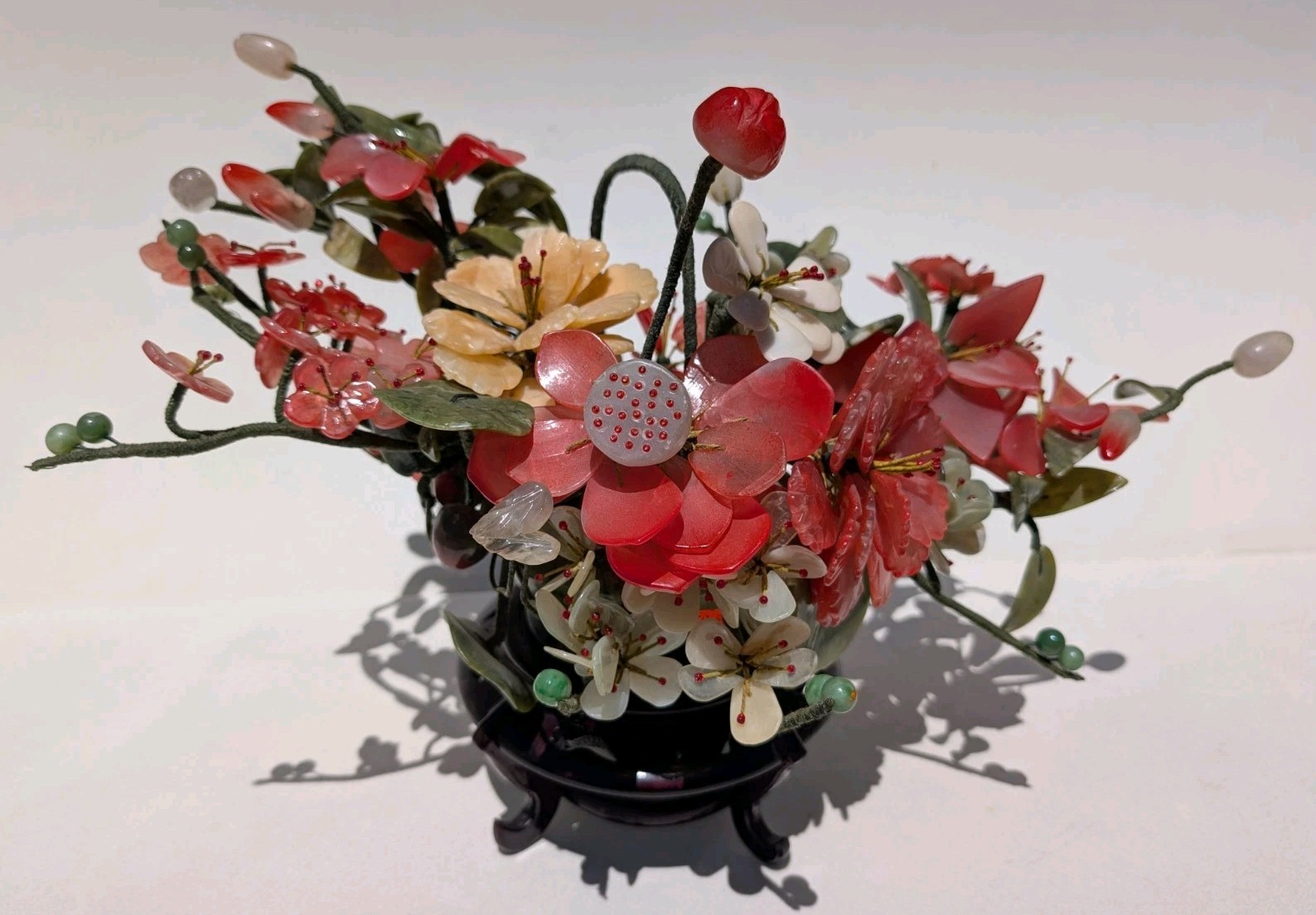 Vtg 1960’s Chinese Export Jade, Jadeite, Agate, Carnelian & Quartz Bonsai Tree