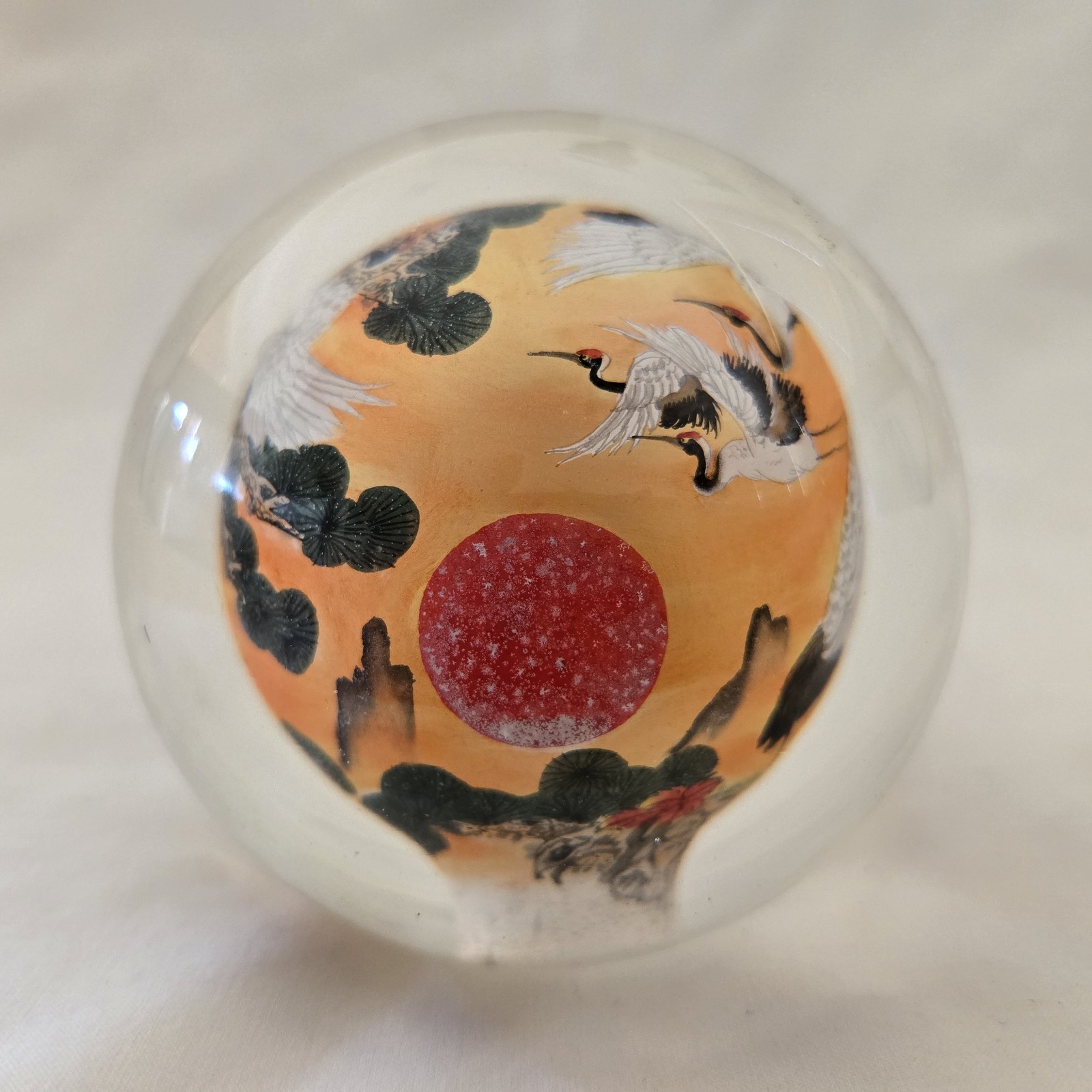 Cranes Art Glass Reverse Handpainted Sphere Ball 3″ Diameter Unbranded Vintage