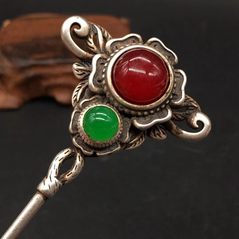 Exquisite Handwork Tibetan Silver Hairpin Bodkin Inlaid Gemstone