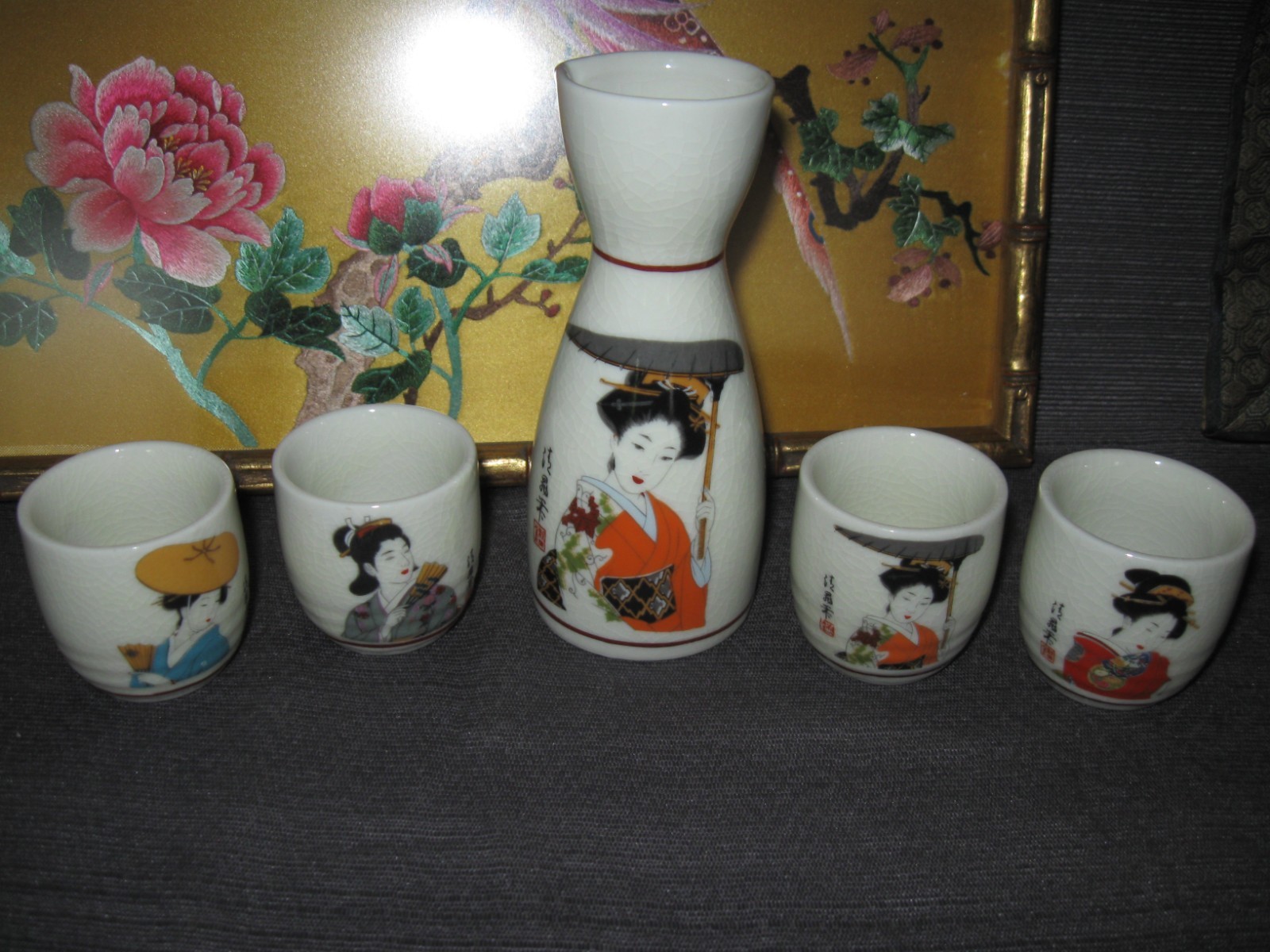 Asian Lot Silk Art Framed Signed Peony Embroidered 2 Sake Sets 100 Children silk