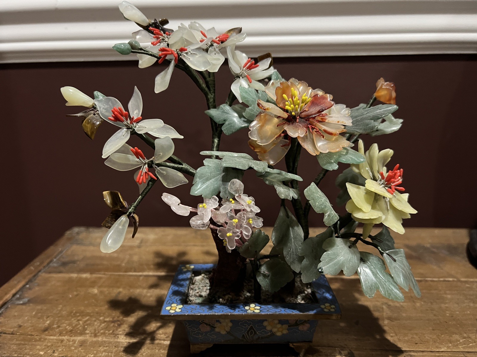 Vintage Chinese Jade Quartz Bonsai Trees In Cloisonne Pots