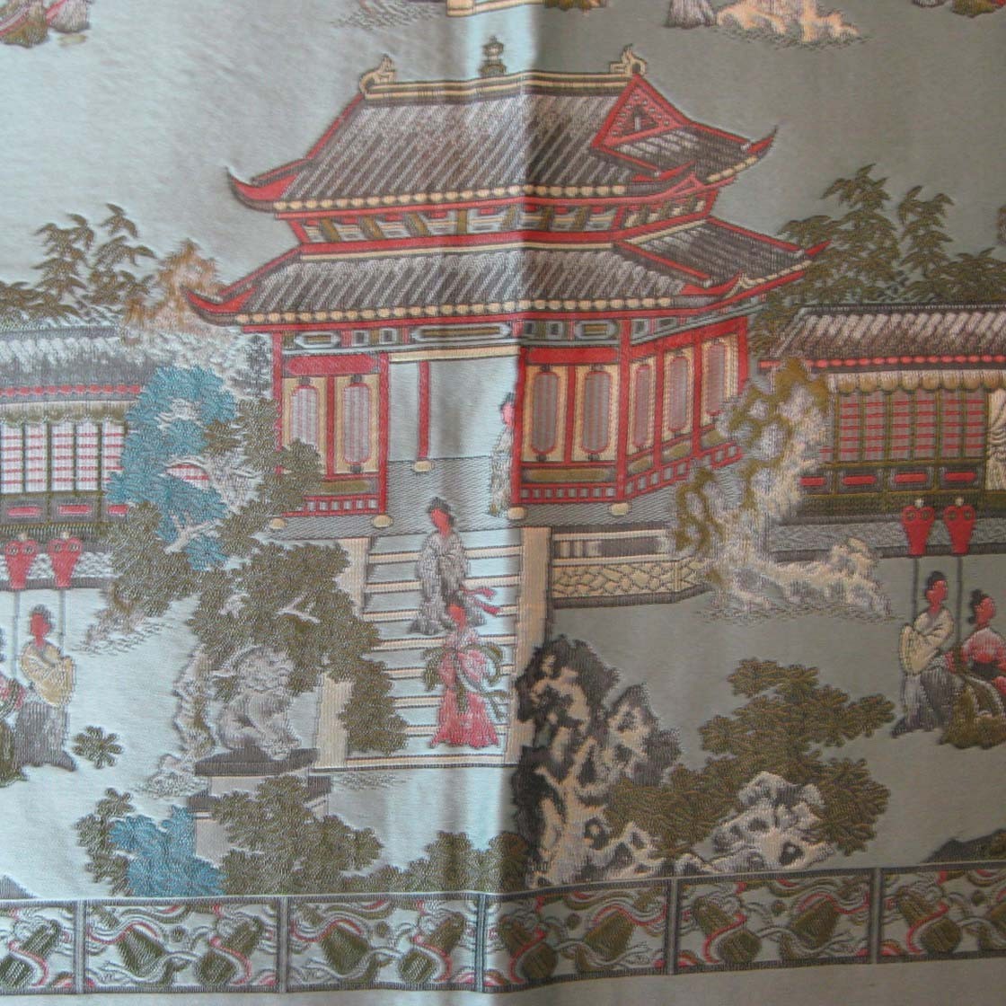 Vtg Asian Brocaded Flowers Silk Tapestry Fringed Tablecloth 40 by 60 In WWII Era