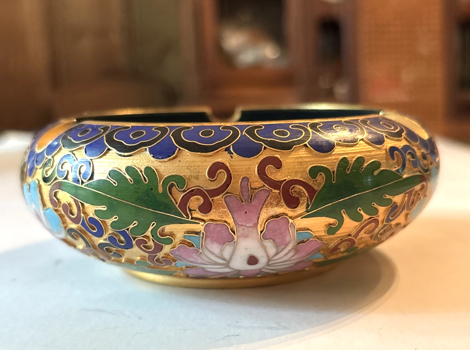 Vintage Chinese Cloisonne Enamel Ashtray Lotus Flowers Teal Gold MCM 4.5” Ornate