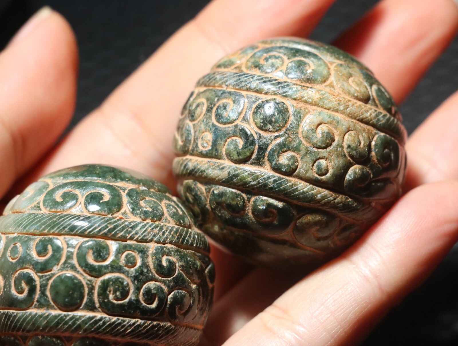 Pair of Chinese Hetian Old JADE Linking Fortune Large Ball Sphere Treasure 40MM