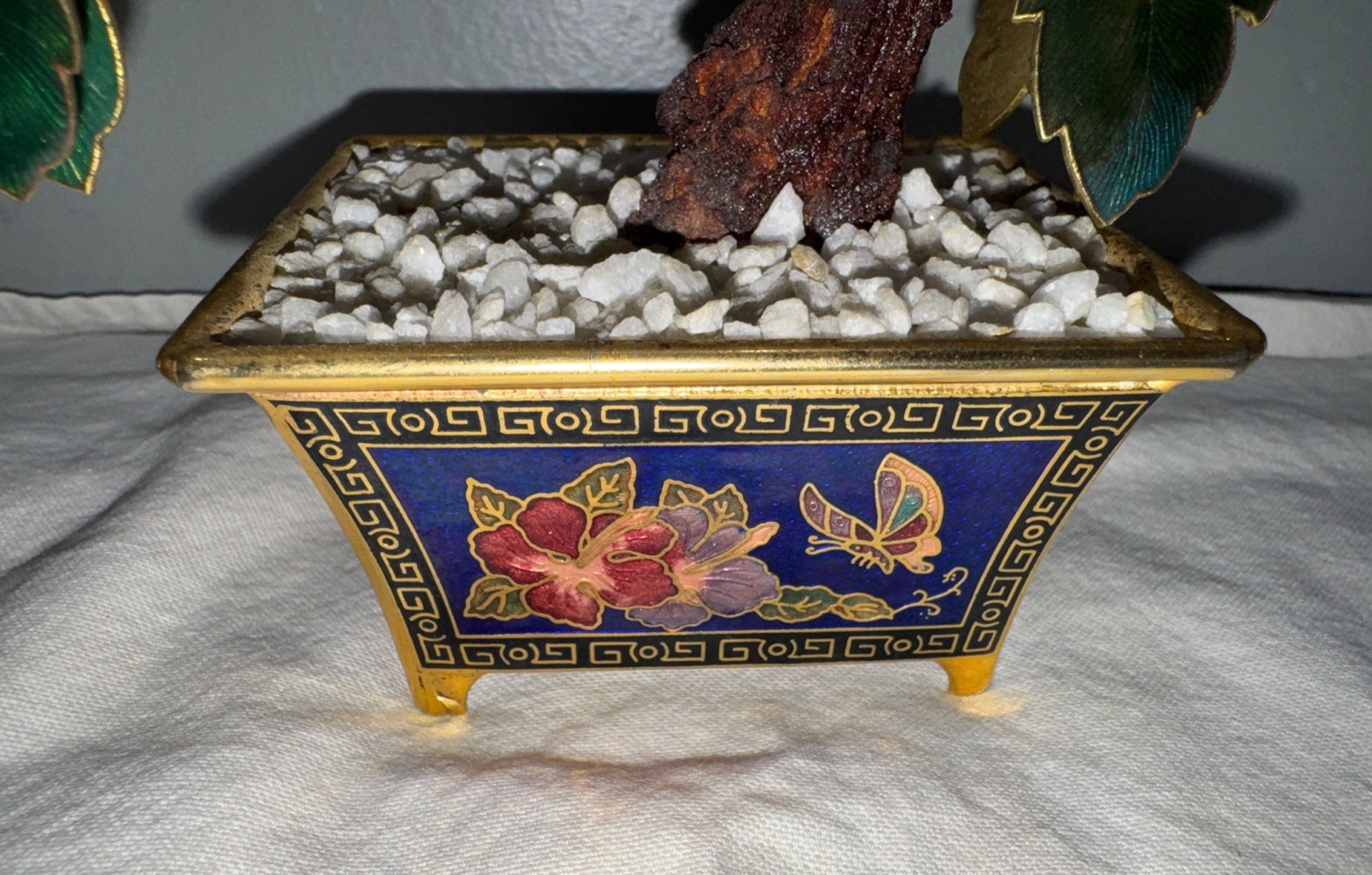 Cloisonne Enamel and Metal Bonsai Tree w/ Pot Colorful Flowers 7.5” Vintage