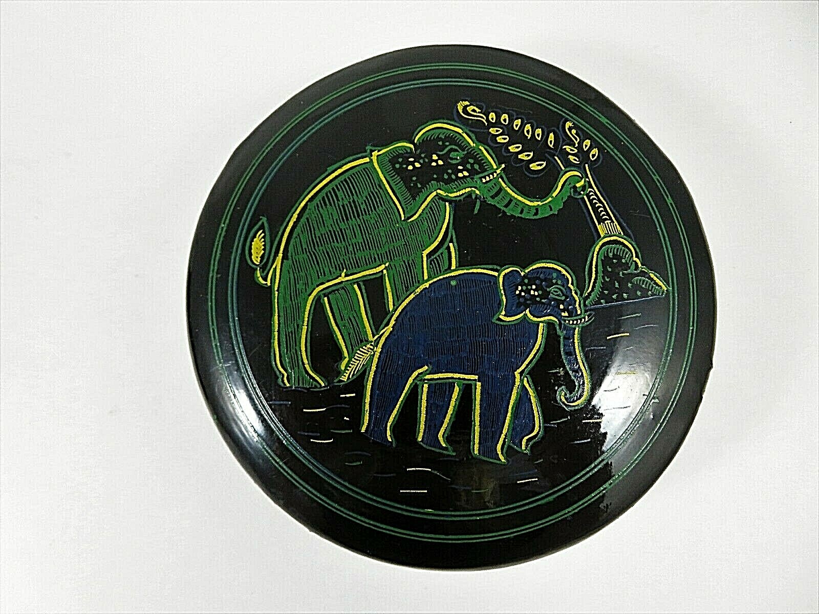 Vintage Burmese Black Lacquer 6 Coasters In Container Etched Elephants Motif