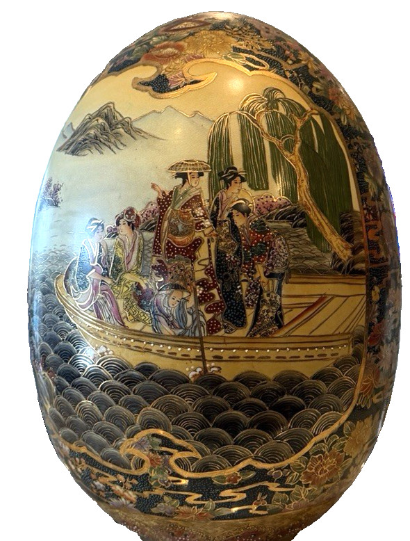 Vtg Satsuma Large Ceramic Egg Gold Trim Geisha Boat Landscape Hand Painted 18″