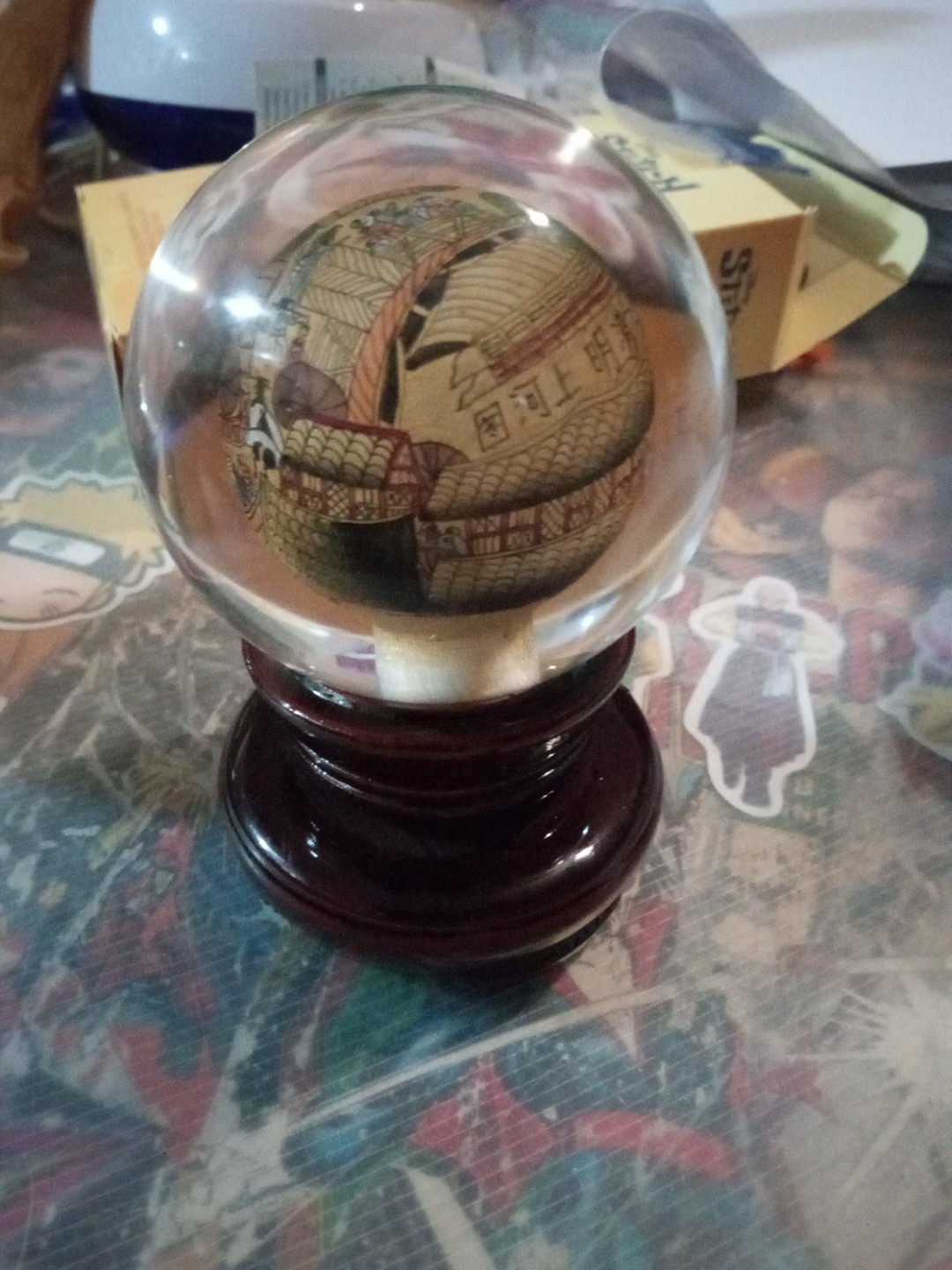 Vintage Chinese Hand Reverse Painted Glass Globe / Wooden Base Stand – 5″ Sphere