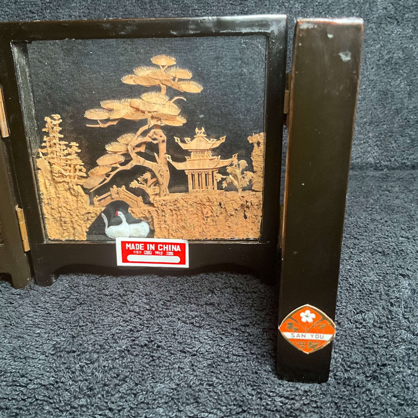2x-VTG SAN YOU Tri-Fold Oriental Hand Carved Cork Pagoda Diorama w Cranes