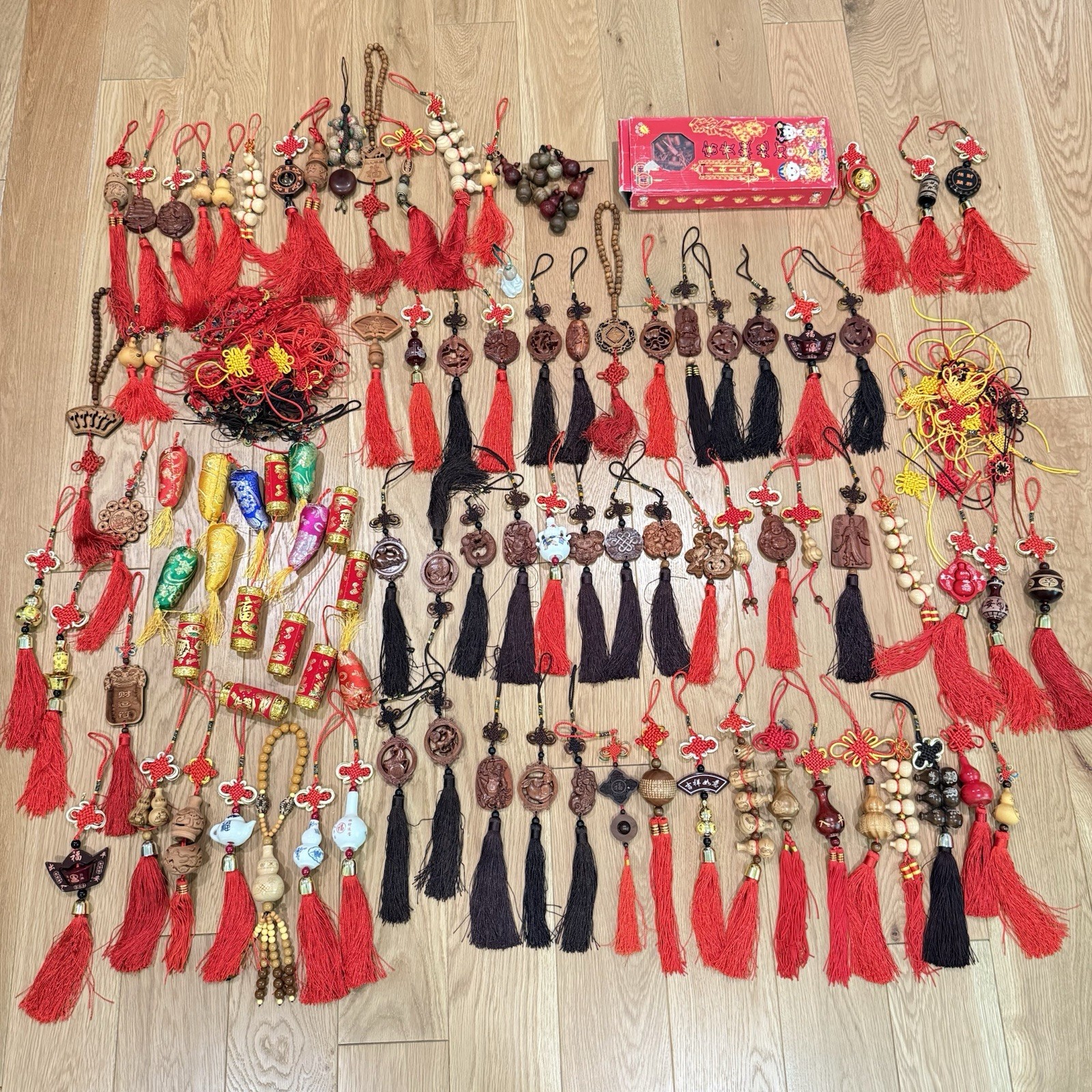 LOT OF Chinese Asian Good Luck Wall Hanging Wood Carve Porcelain Ornament Tassel