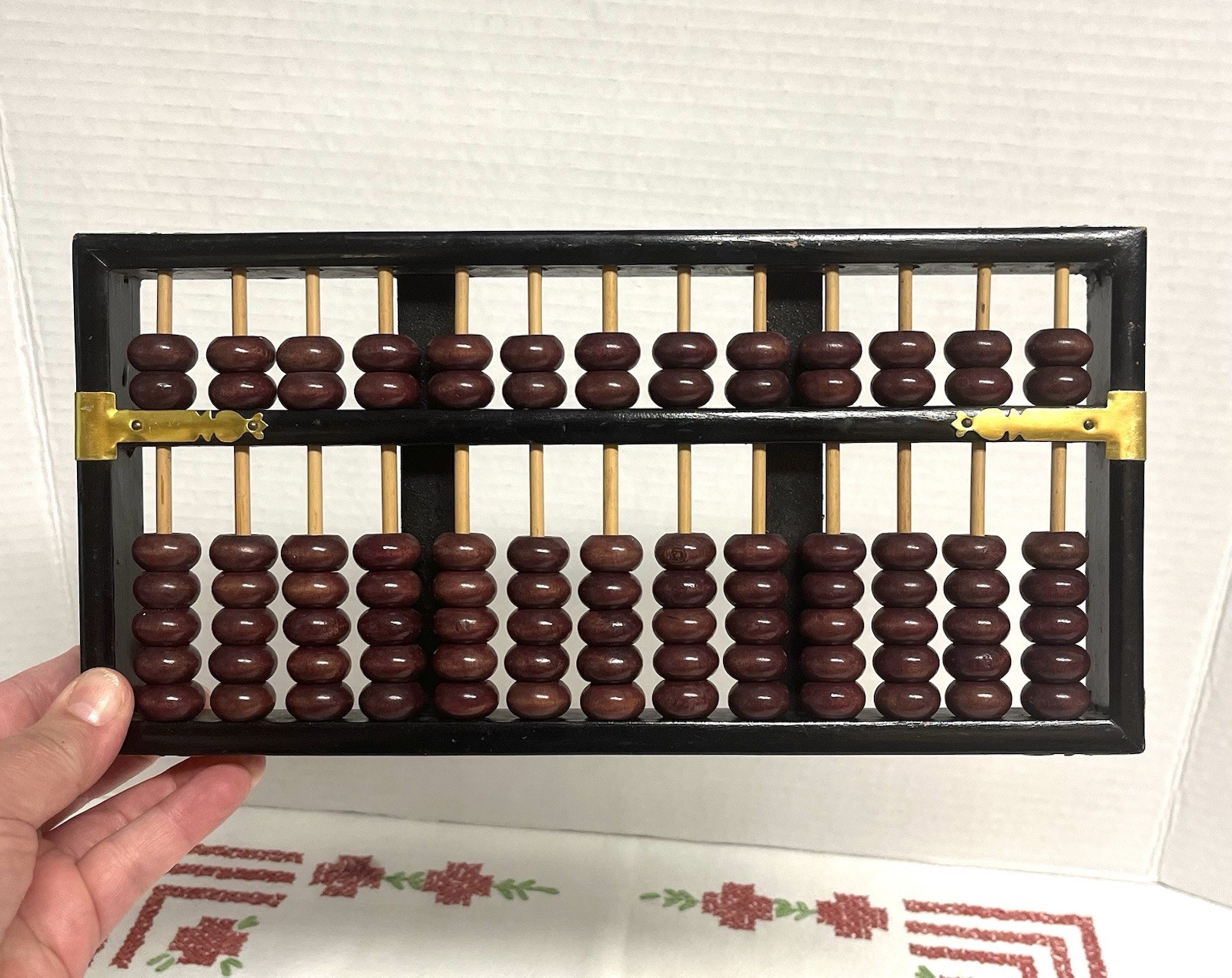 Vintage Chinese abacus black wooden frame brown beads brass reinforcements