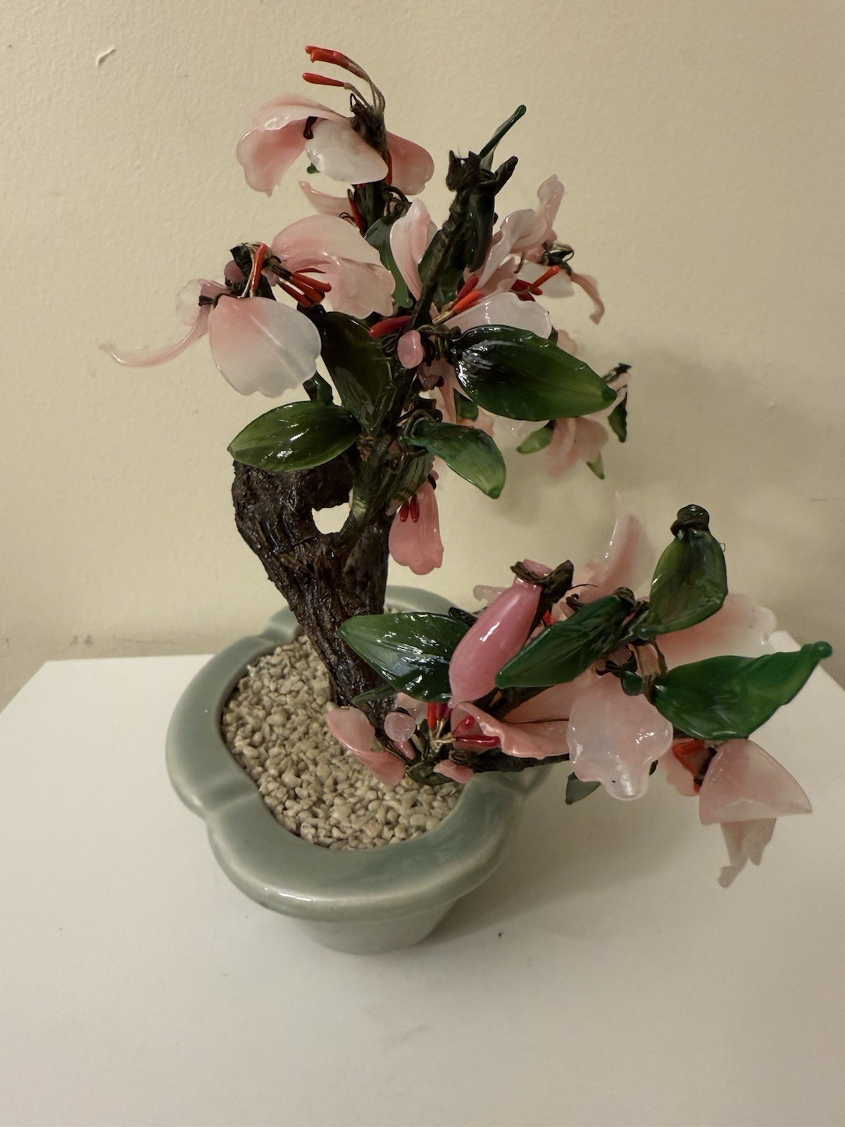 Vtg Asian Jade Glass Flowering Pink Cherry Blossom Bonsai Tree Ceramic Pot 8×9”