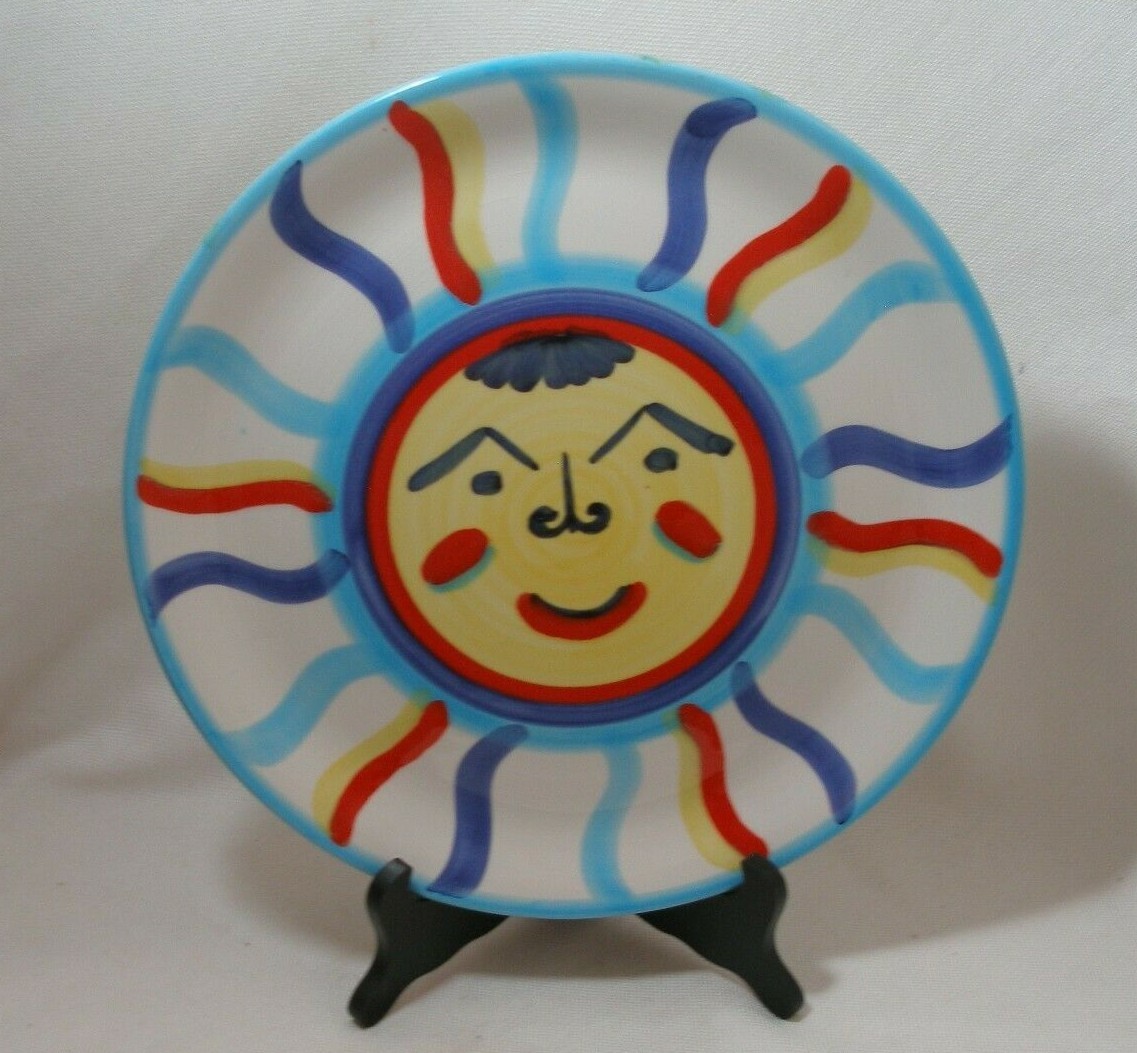 Colorful Decorative Plate Sunburst Ceramic Made in ITALY & Wood Stand Vintage
