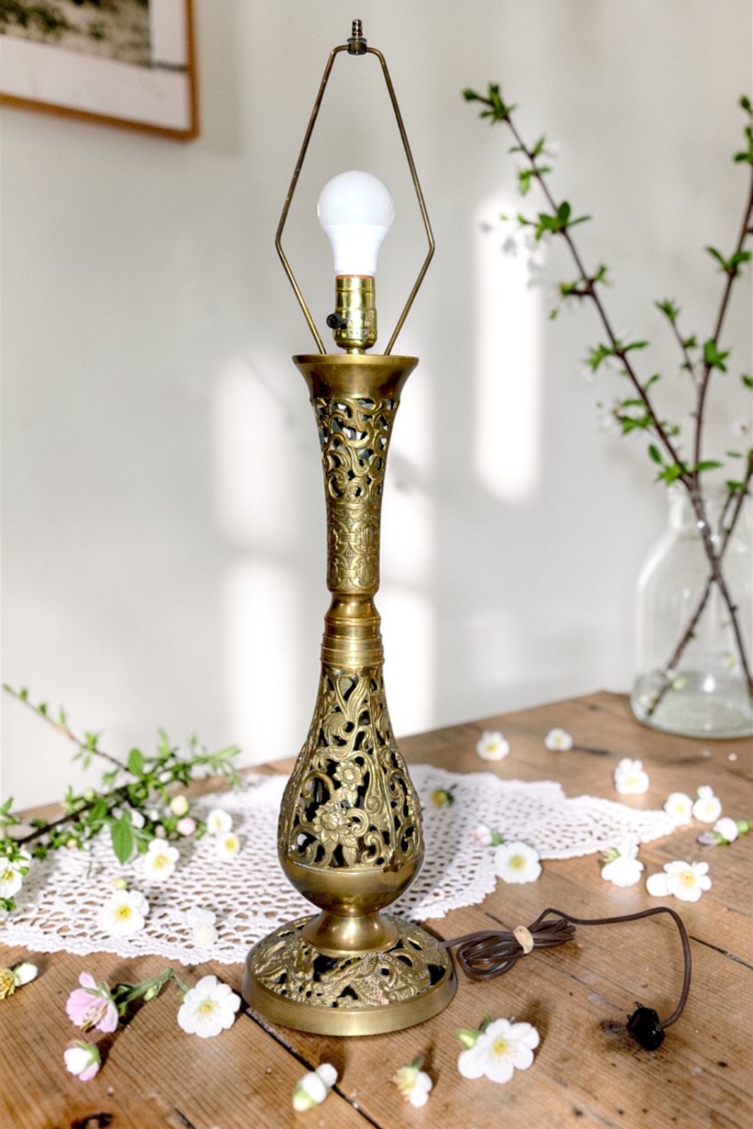 Brass Table Lamp Vintage Chinoiserie Chinese Dragon Pierced Art Sculpture Flower