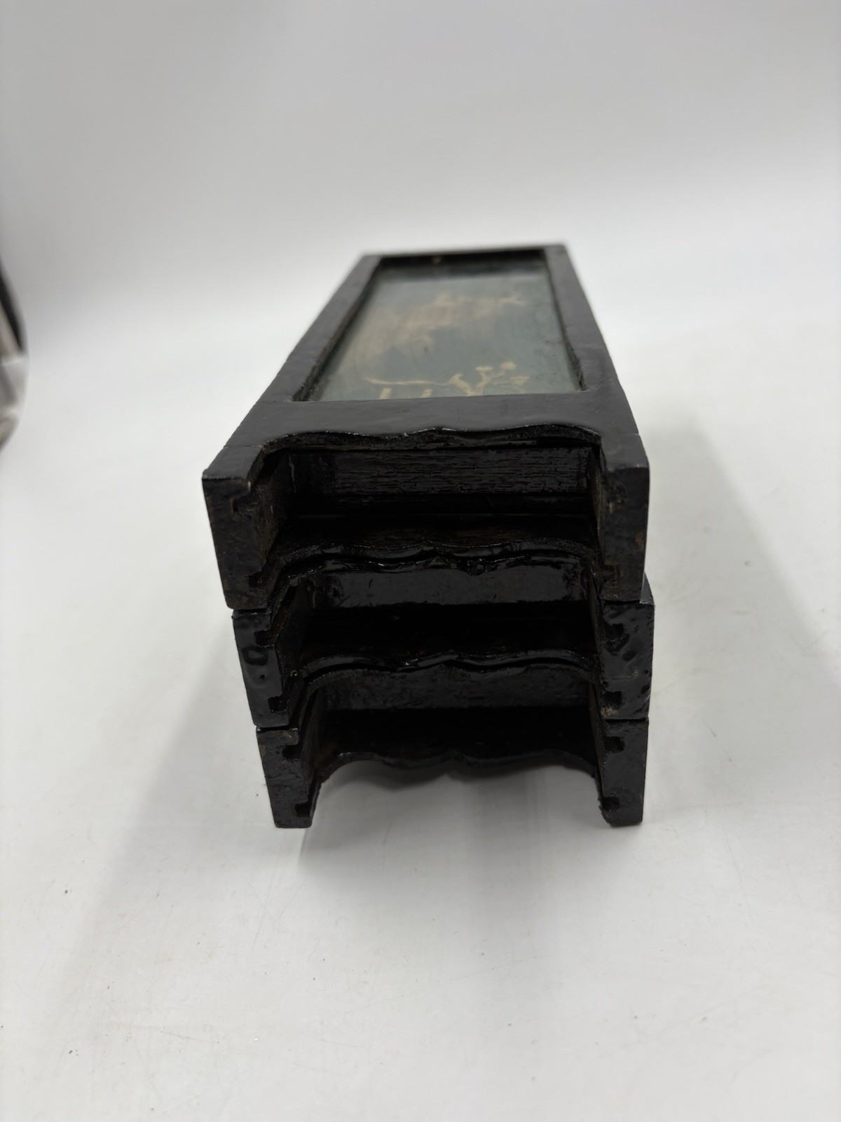 Vintage Carved Cork Art Diorama Tri Fold Table Decor Black Frame Asian