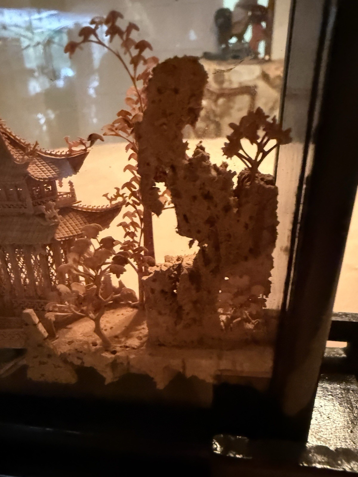 Vintage Chinese San You Cork Art Hand Carved Diorama Pagoda Cranes Trees