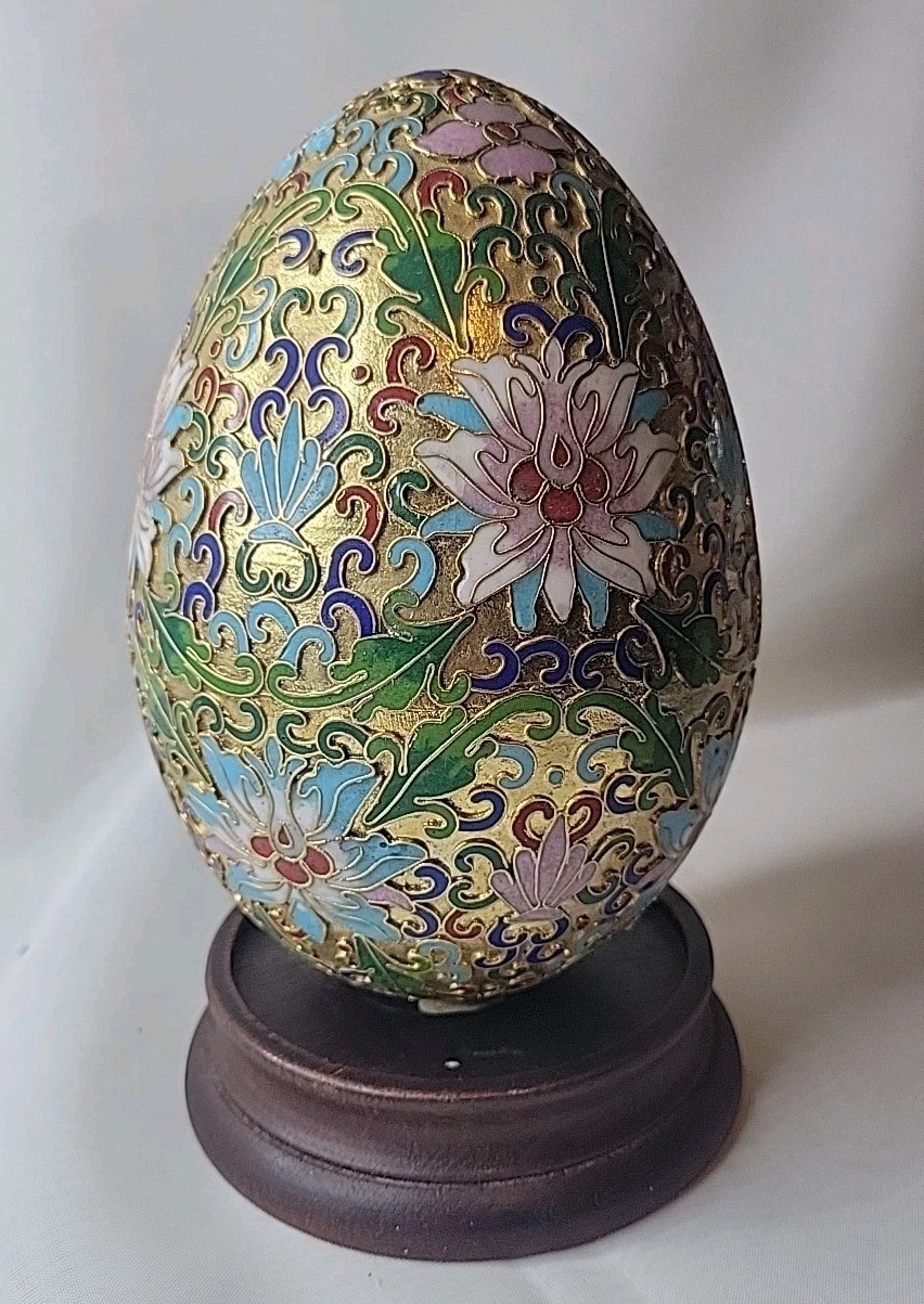 Vintage Cloisonne Egg Wooden Stand Gold Tone Blue Pink White Floral Design 6.5 “