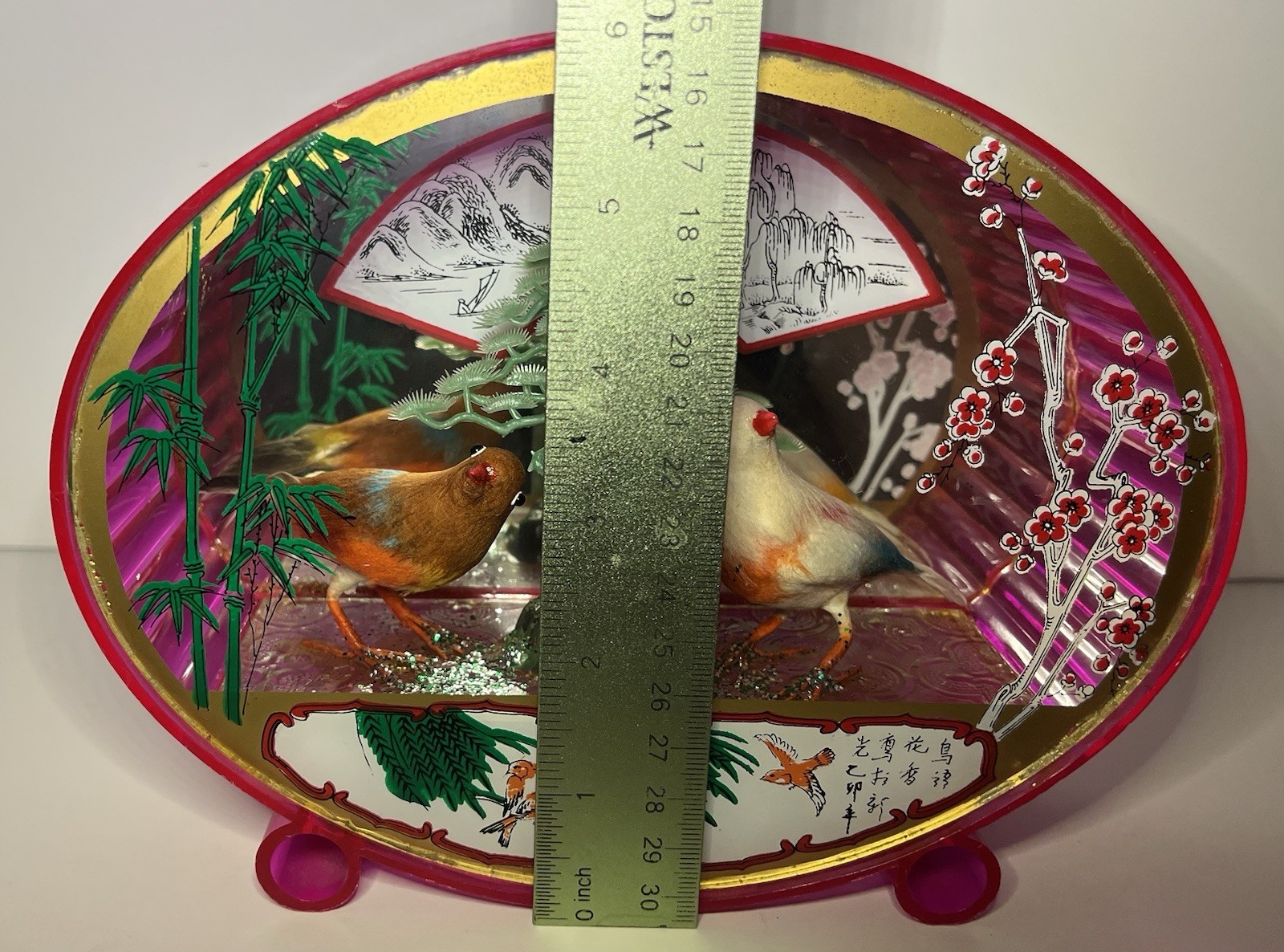 Pink Plastic Oval Case Diorama Birds Tree Mirrored Made in Hong Kong