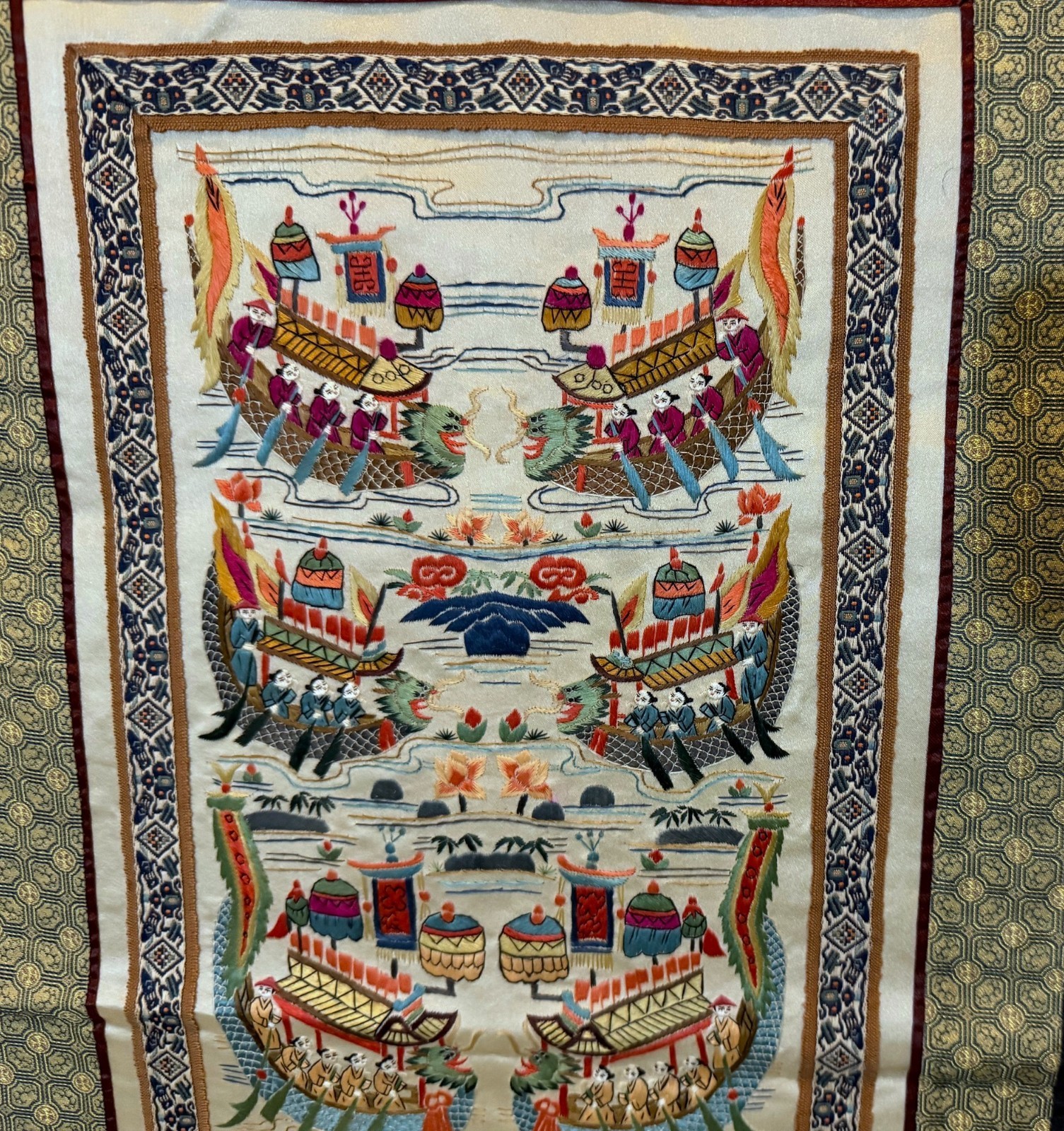 GORGEOUS COLORFUL CHINESE EMBROIDERED SILK PANEL ART WORK – 25″ X 12″ 1/2