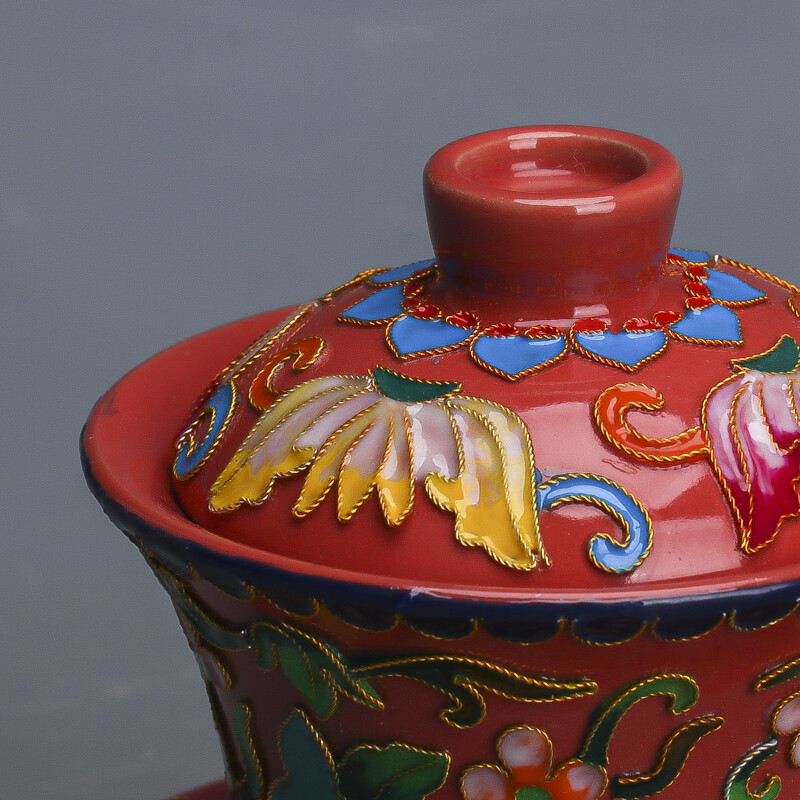 4.5″ China Song Ruyao Red Glaze Porcelain Wire Inlay Gourd San Cai Lid Bowl