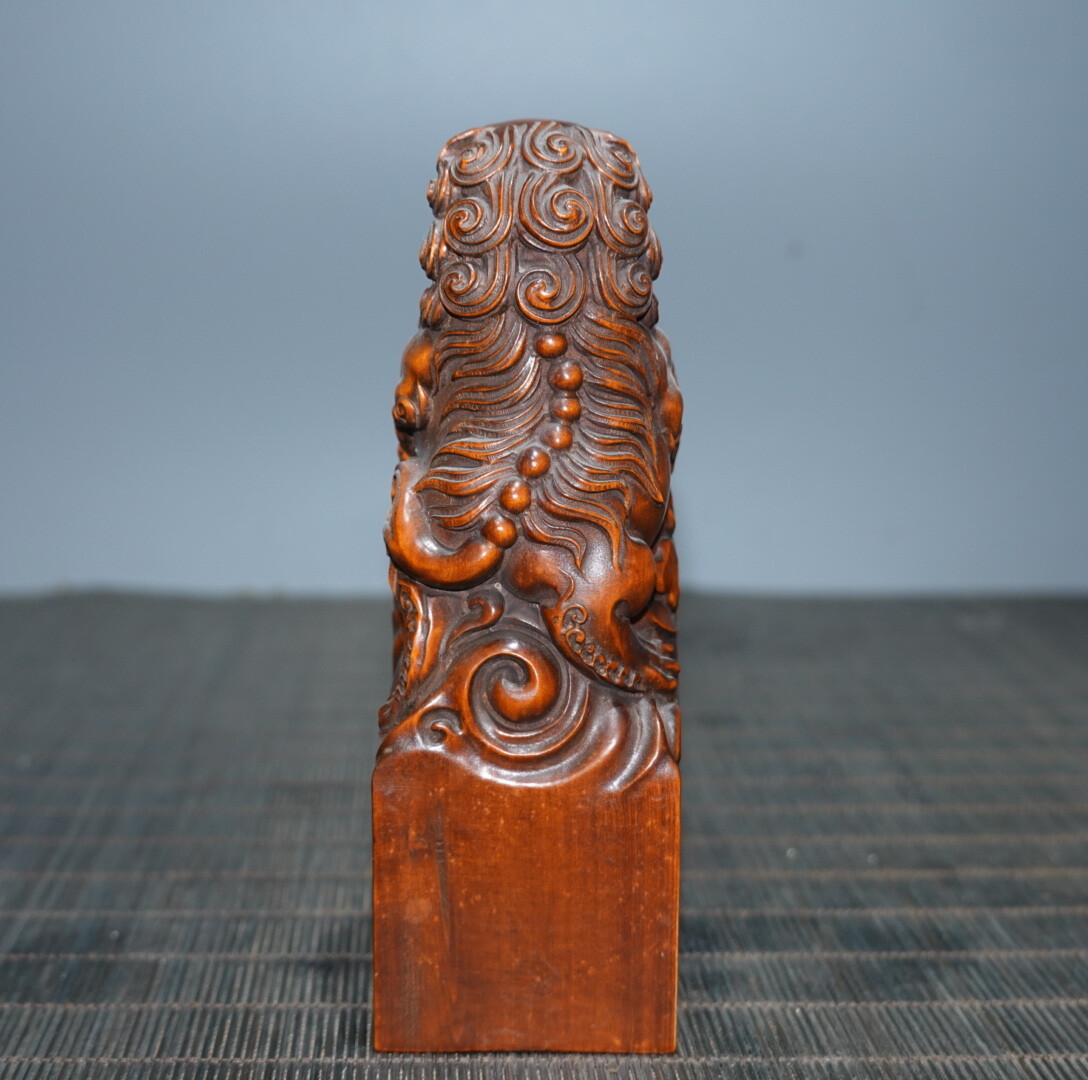4.7″ Collect China Box-wood Carving Animal Foo Fu Dog Guardion Lion Seal Signet