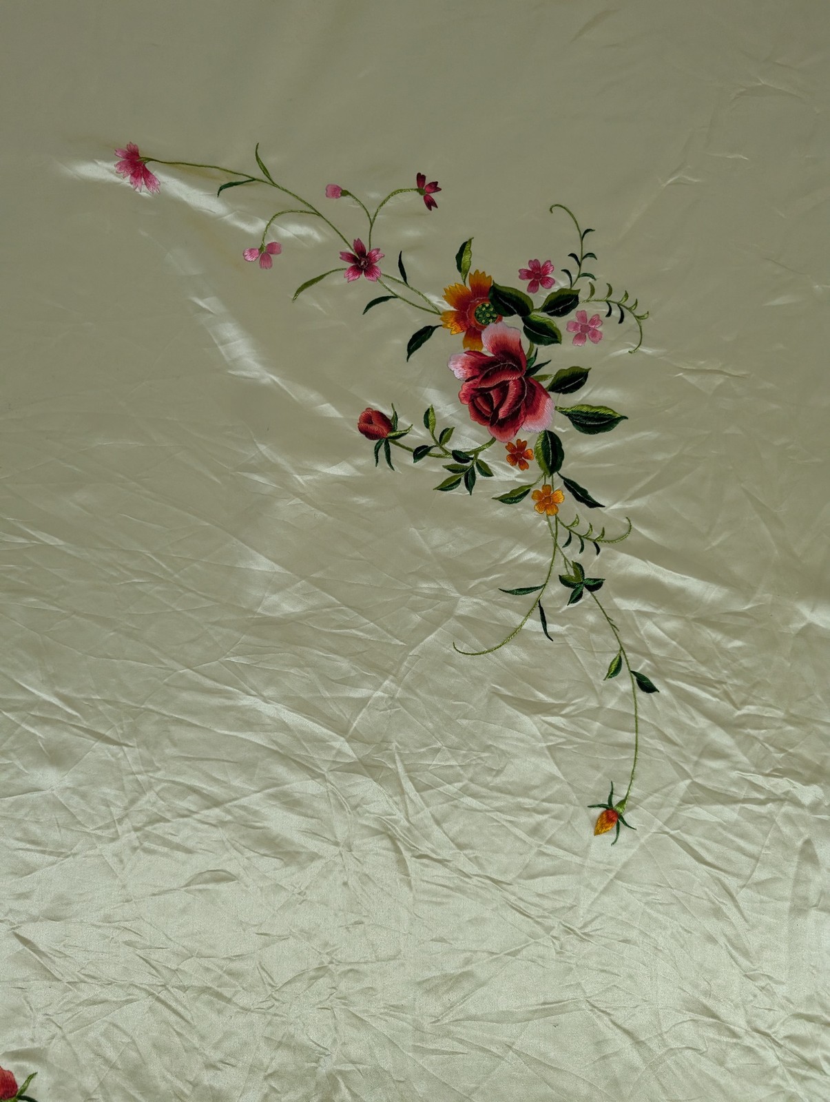 Vintage Chinese Embroidered Floral & Mandarin Ducks Silk Textile 74x56in