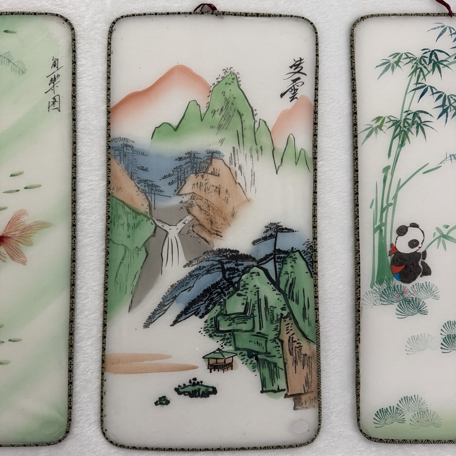 Vintage Chinese Painted Silk Panels Wire Frame Butterfly Koi Flowers Pandas Lady
