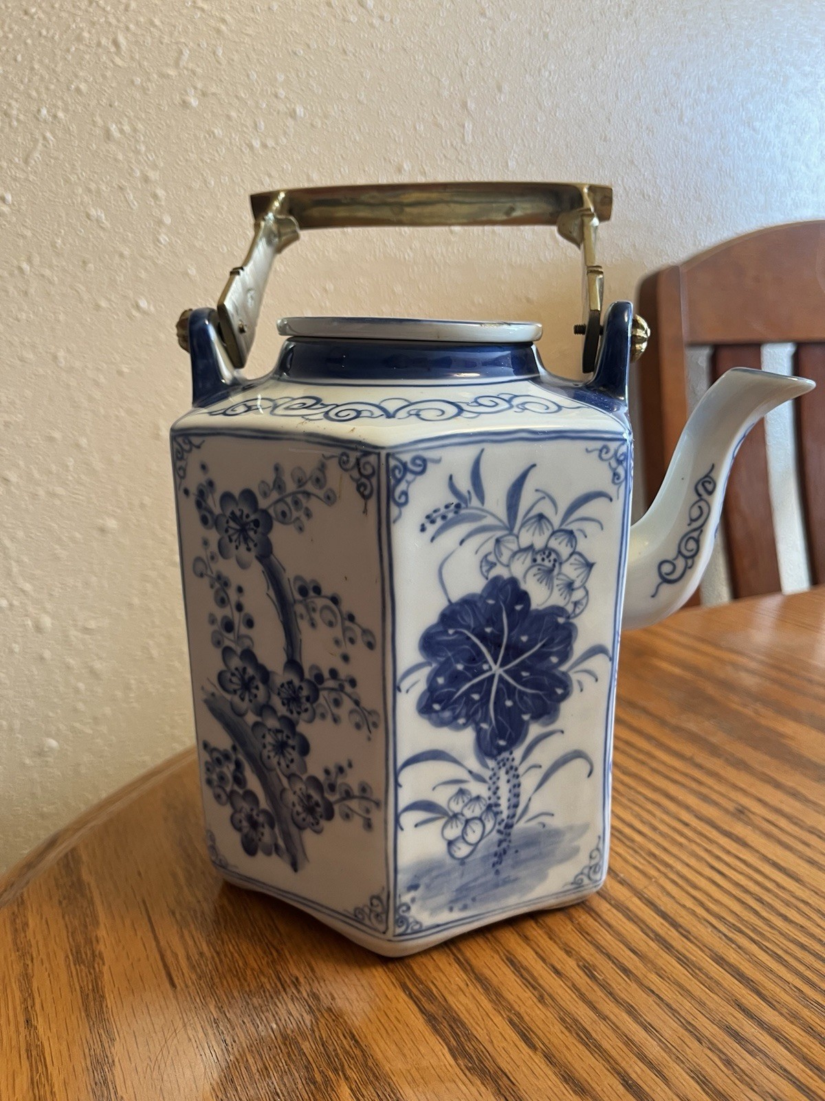Large Vintage Thailand Blue & White Porcelain Teapot with Brass Handle
