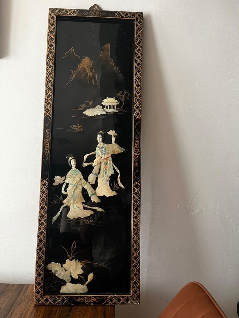 Vintage Asian Black Lacquer Mother of Pearl Wall Art – 12” X 36”