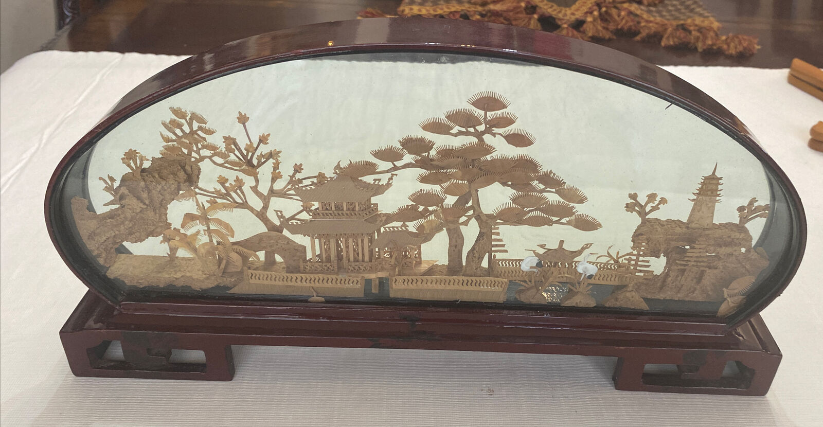 Vintage Large Chinese Cork Art In Glass Box Birds Garden Soothing Scenery 14” L