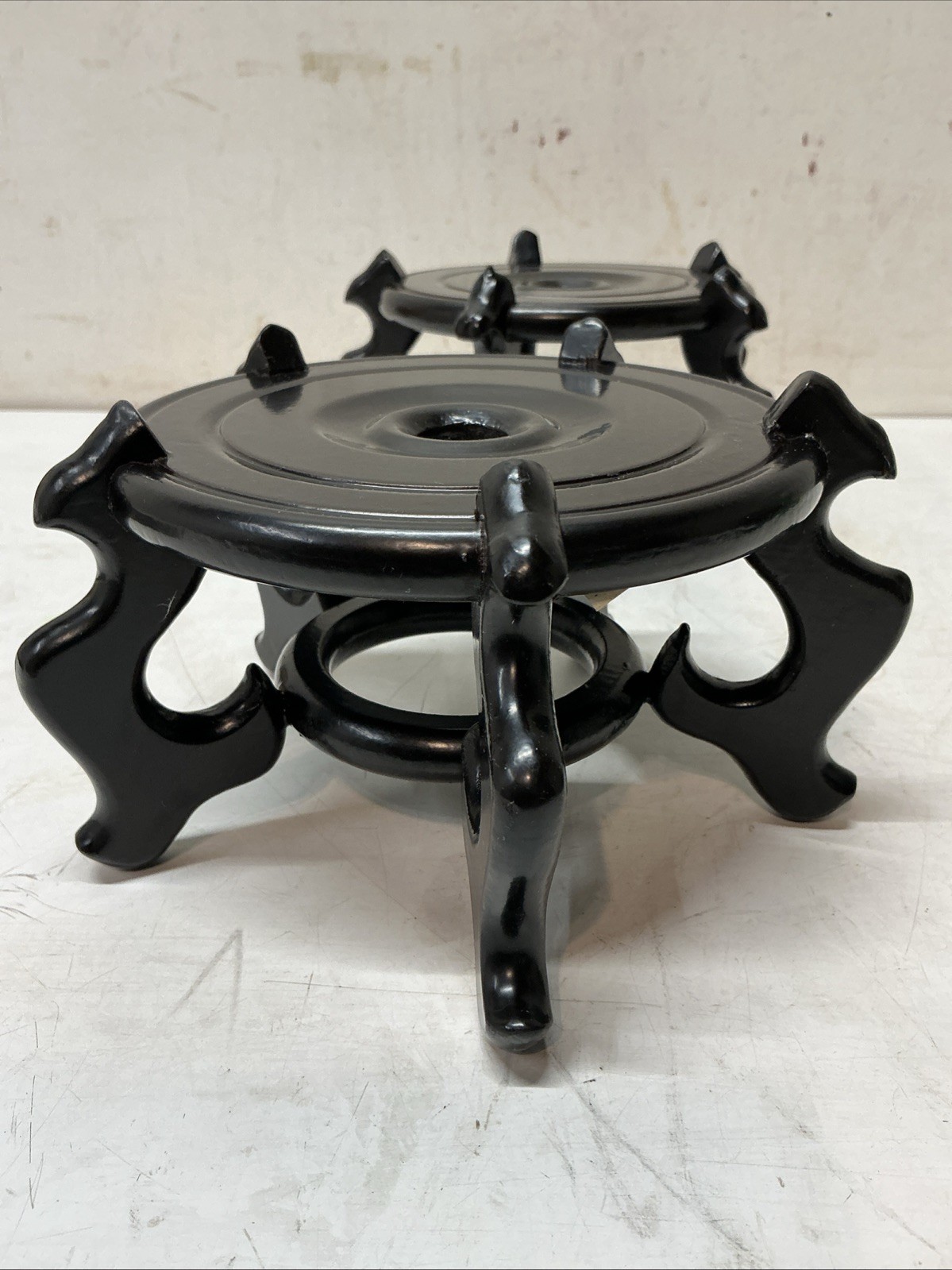 Pair Chinese Black Lacquer Wood Stands Urn Vase Bowl Plant Fish Bowl 5” Opening