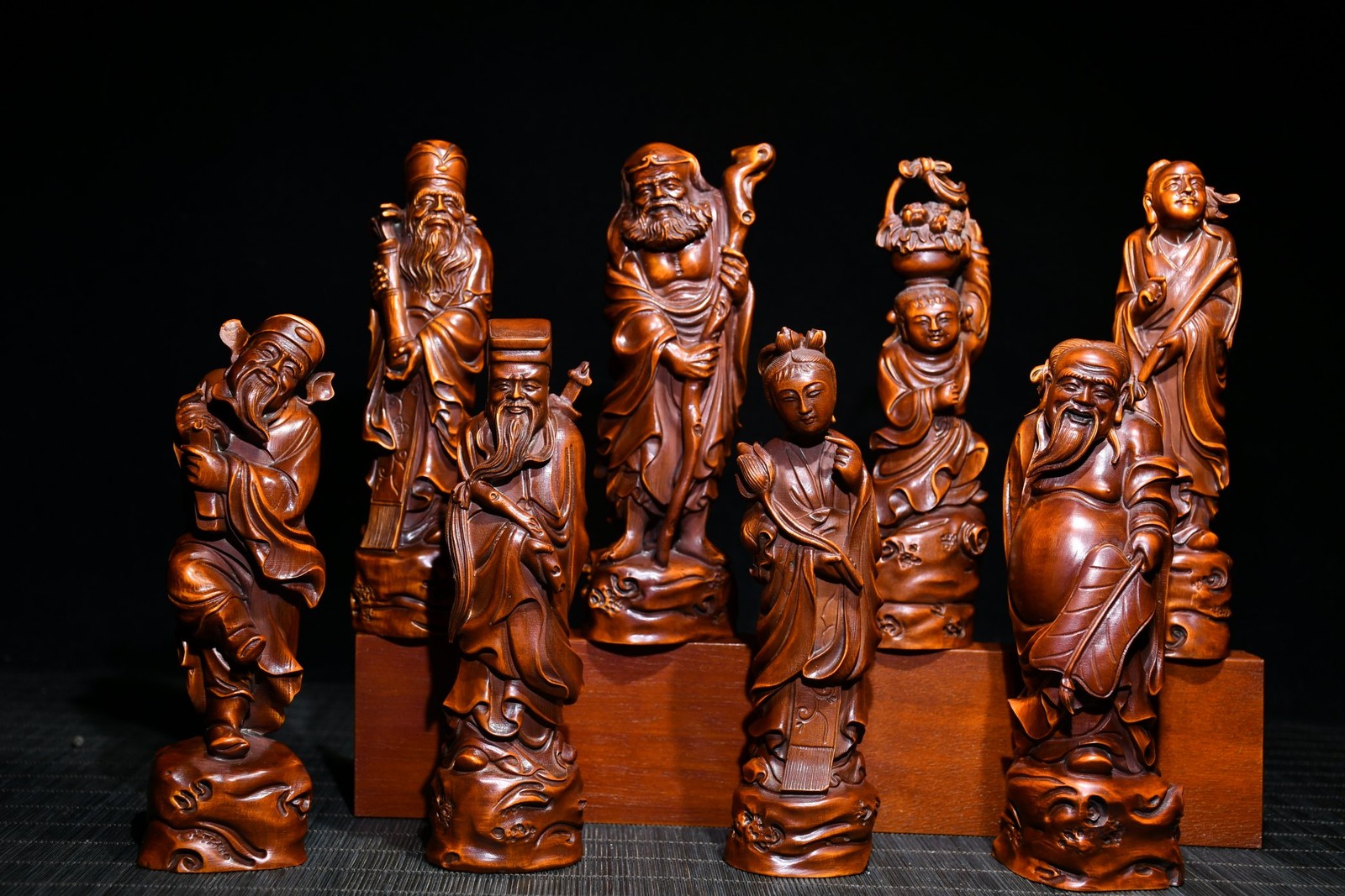 8PCS 5.9″ Collect China Box-wood Hand-Carved Eight Immortals Buddha Statue Set